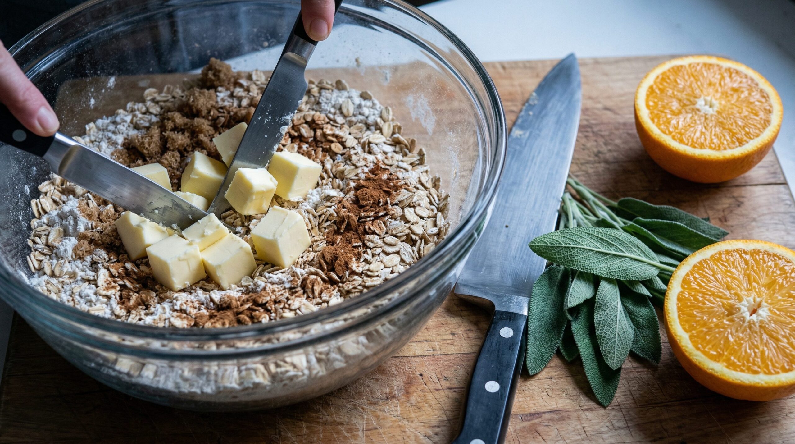 Ingredients for Winter Harvest Fruit Crumble arranged for preparation