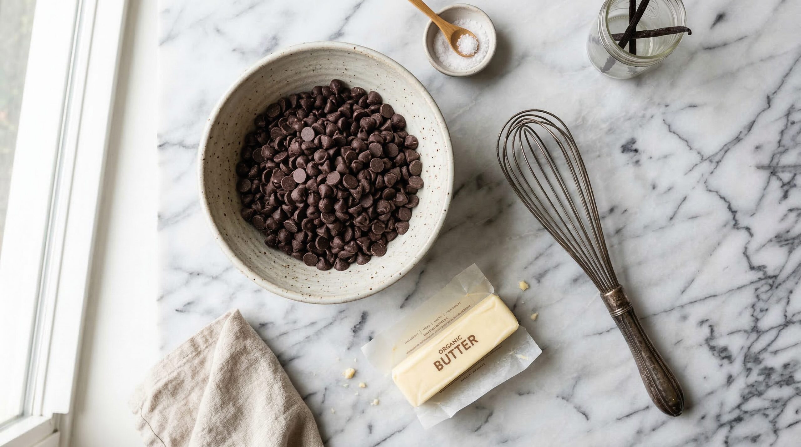 Ingredients for Rich Dark Chocolate Fudge Sauce arranged for preparation