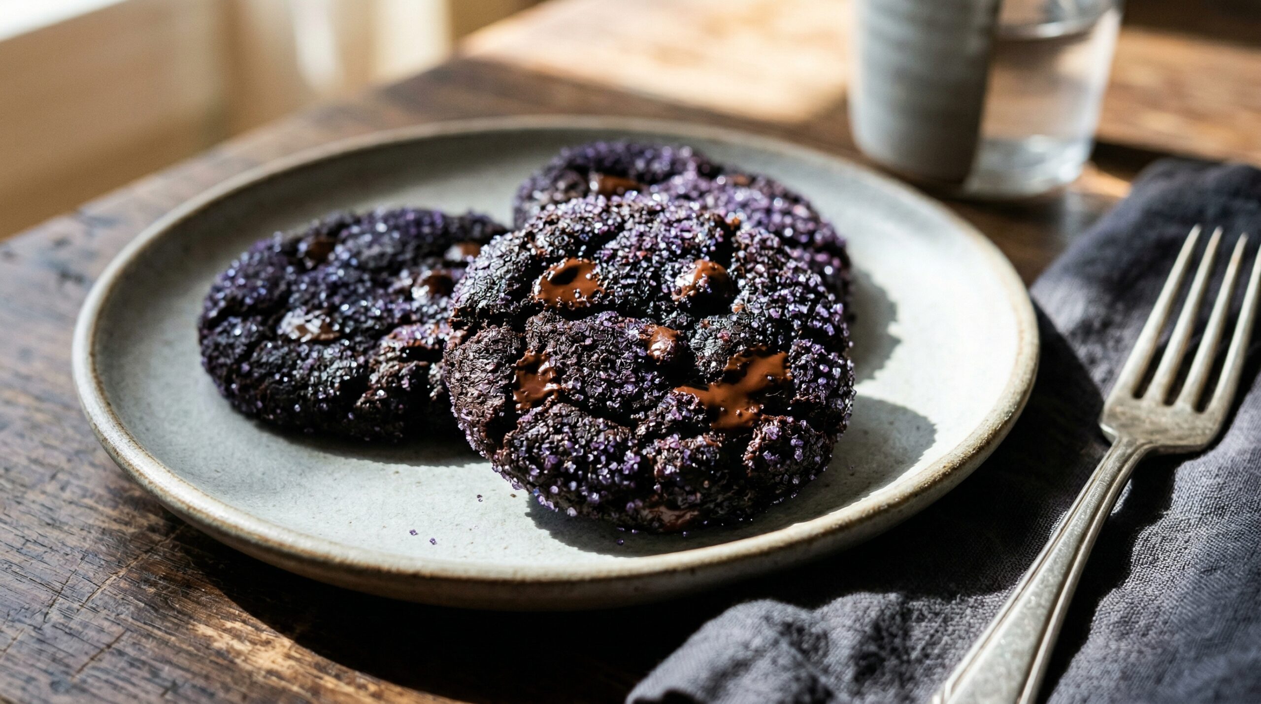 Stunning plated serving of Dark Chocolate & Wild Blueberry Cookies, a chef-tested recipe by Chef Jorj Morgan.