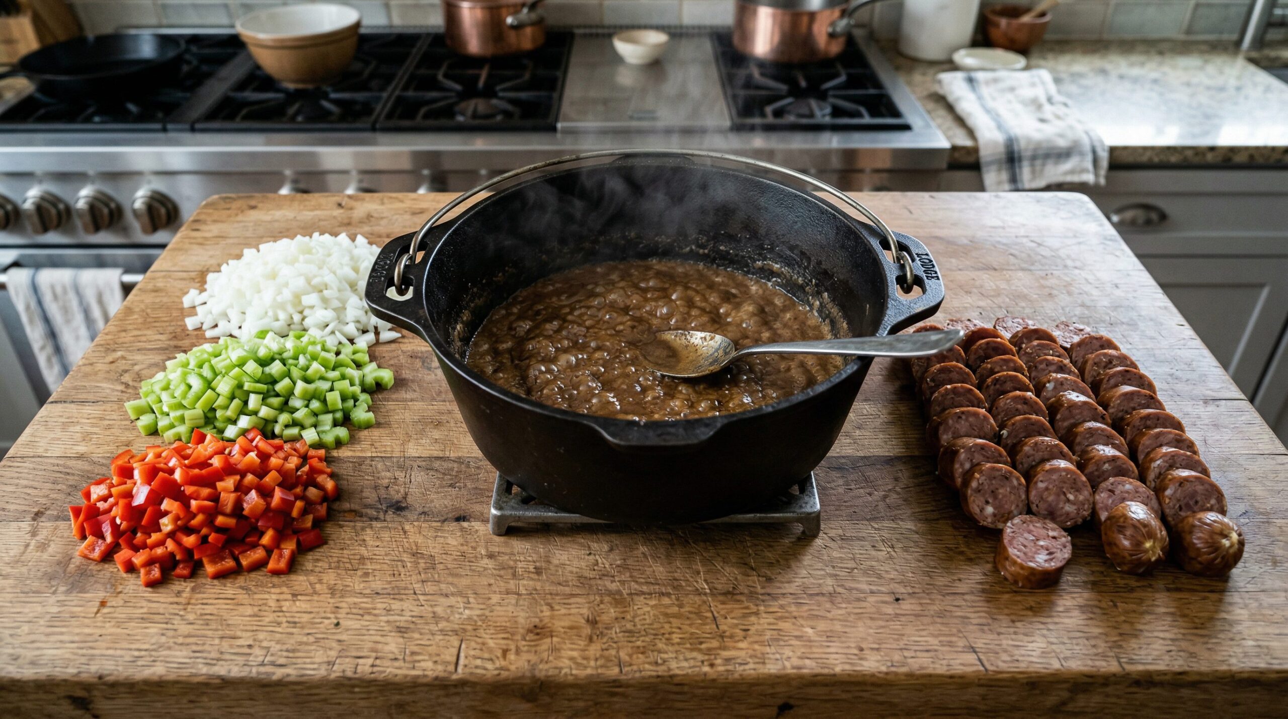 Ingredients for Shrimp & Andouille Sausage Jambalaya Stew arranged for preparation