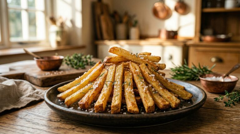 Stunning plated serving of Crispy Duck Fat Fries with Spiced Homemade Ketchup, a chef-tested recipe by Chef Jorj Morgan.