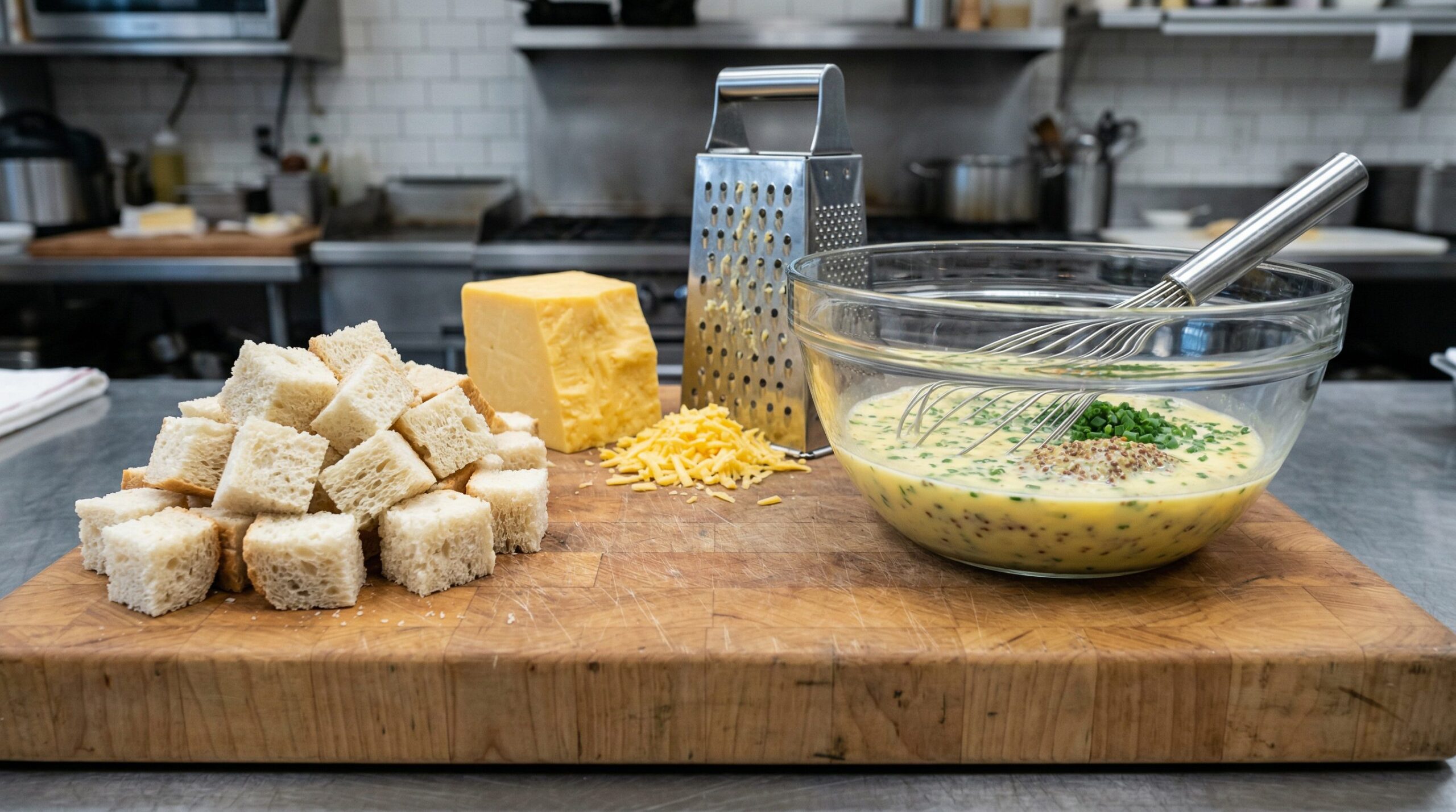 Cubed crustless white bread, shredded cheddar, and a mustard-spiked egg and milk custard for a breakfast casserole