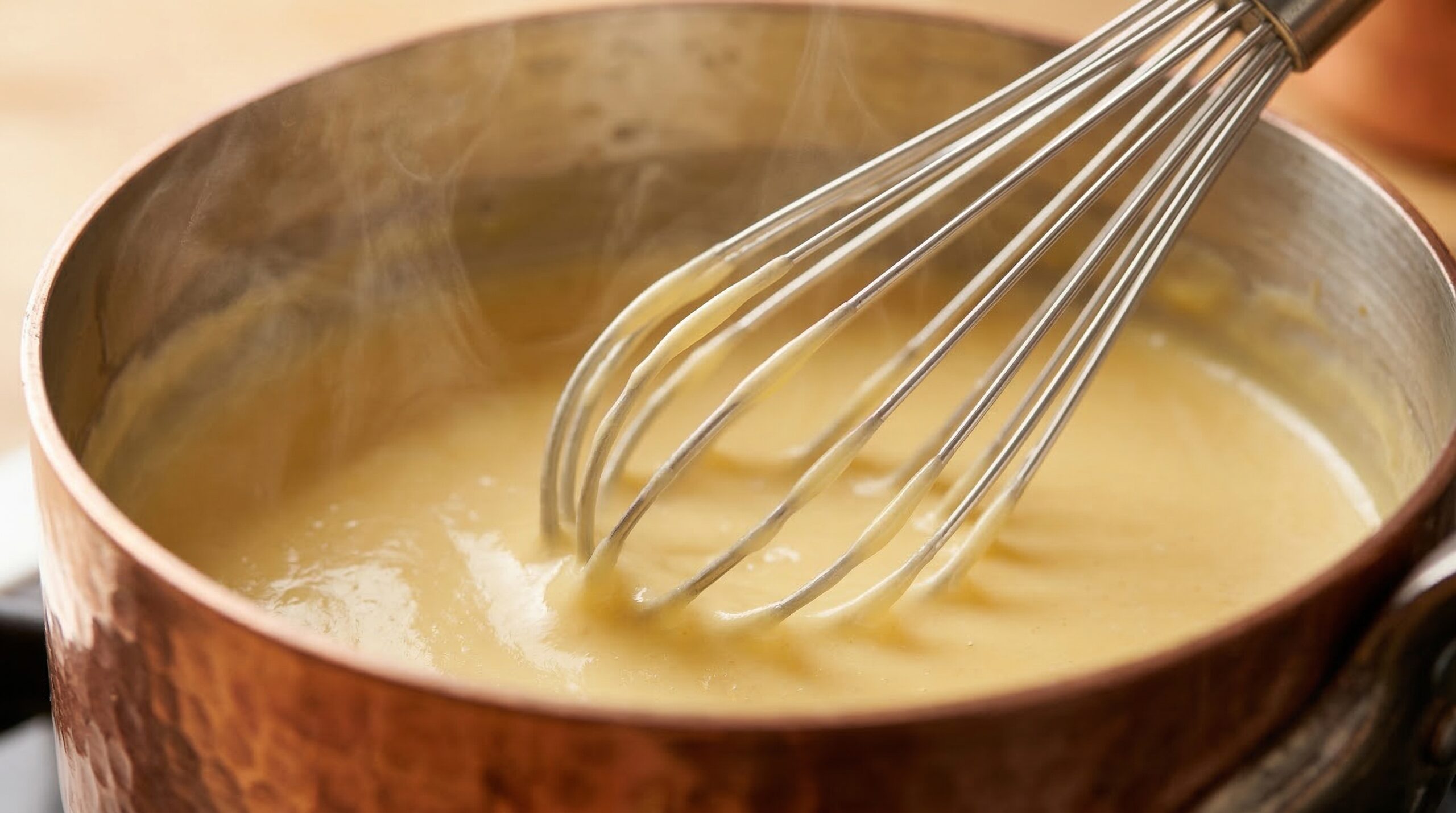 Baker's hands tempering a rich egg yolk custard in a copper saucepan