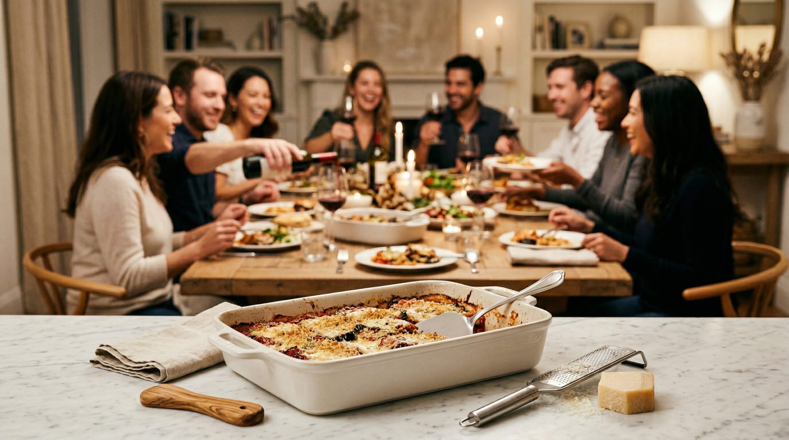 A baked eggplant and ricotta casserole with a golden ricotta crown on an estate dinner table