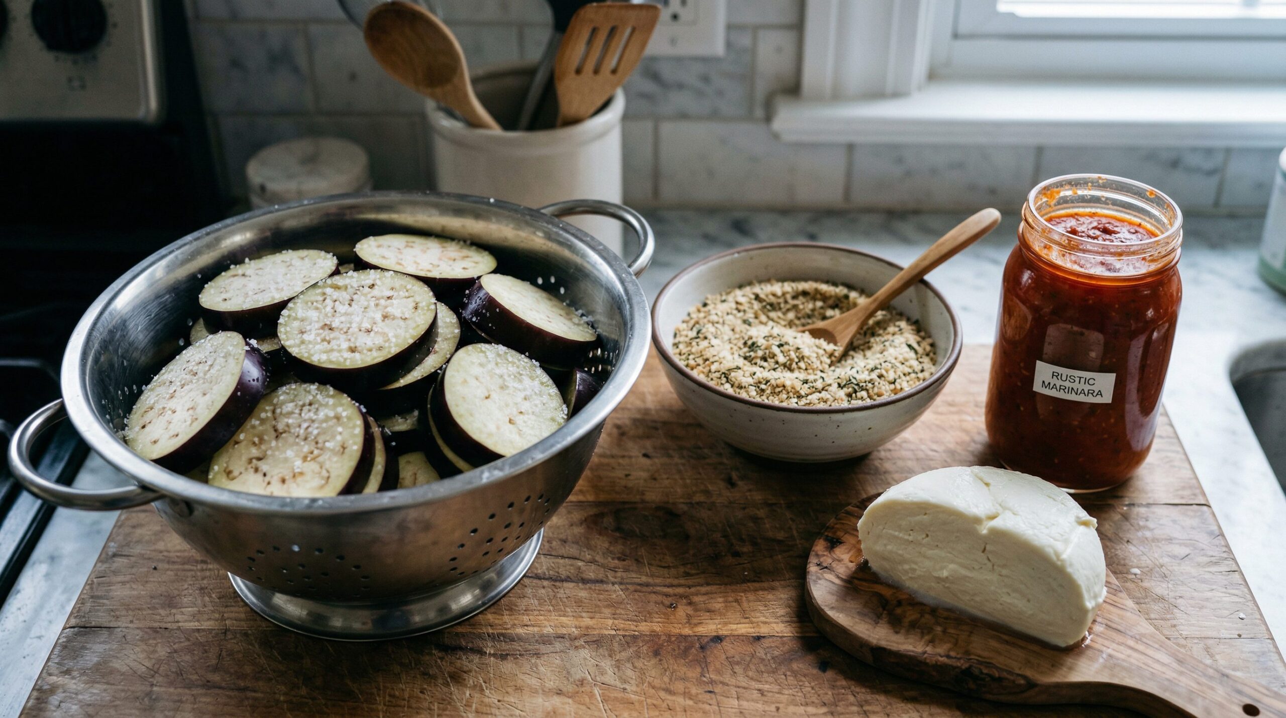 Eggplant rounds salted and draining in a colander beside breadcrumbs, marinara, mozzarella, and ricotta