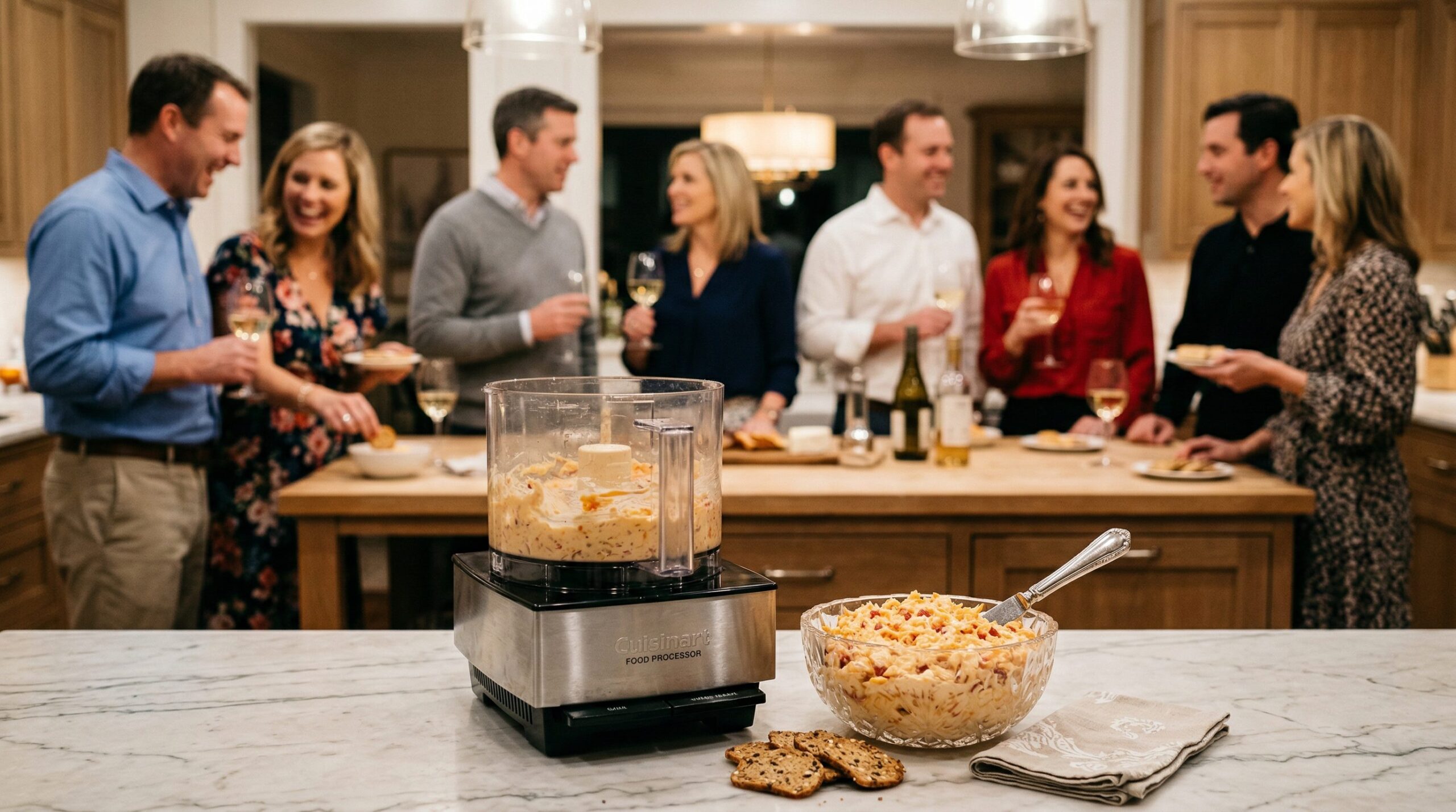 A bowl of sun-dried tomato pimento cheese dip with crackers on an estate table