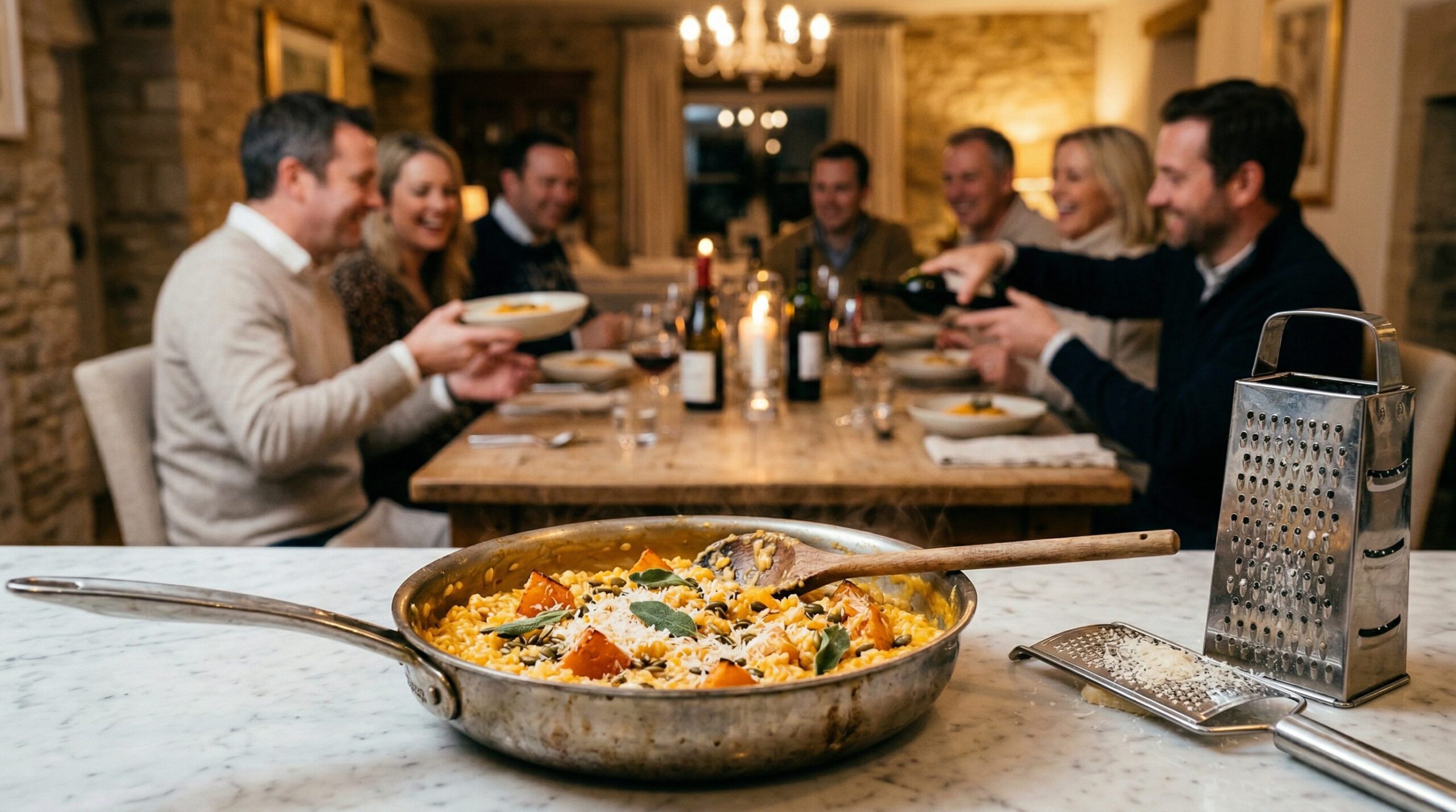 A bowl of pumpkin and wild mushroom risotto at an elegant autumn dinner on an estate table