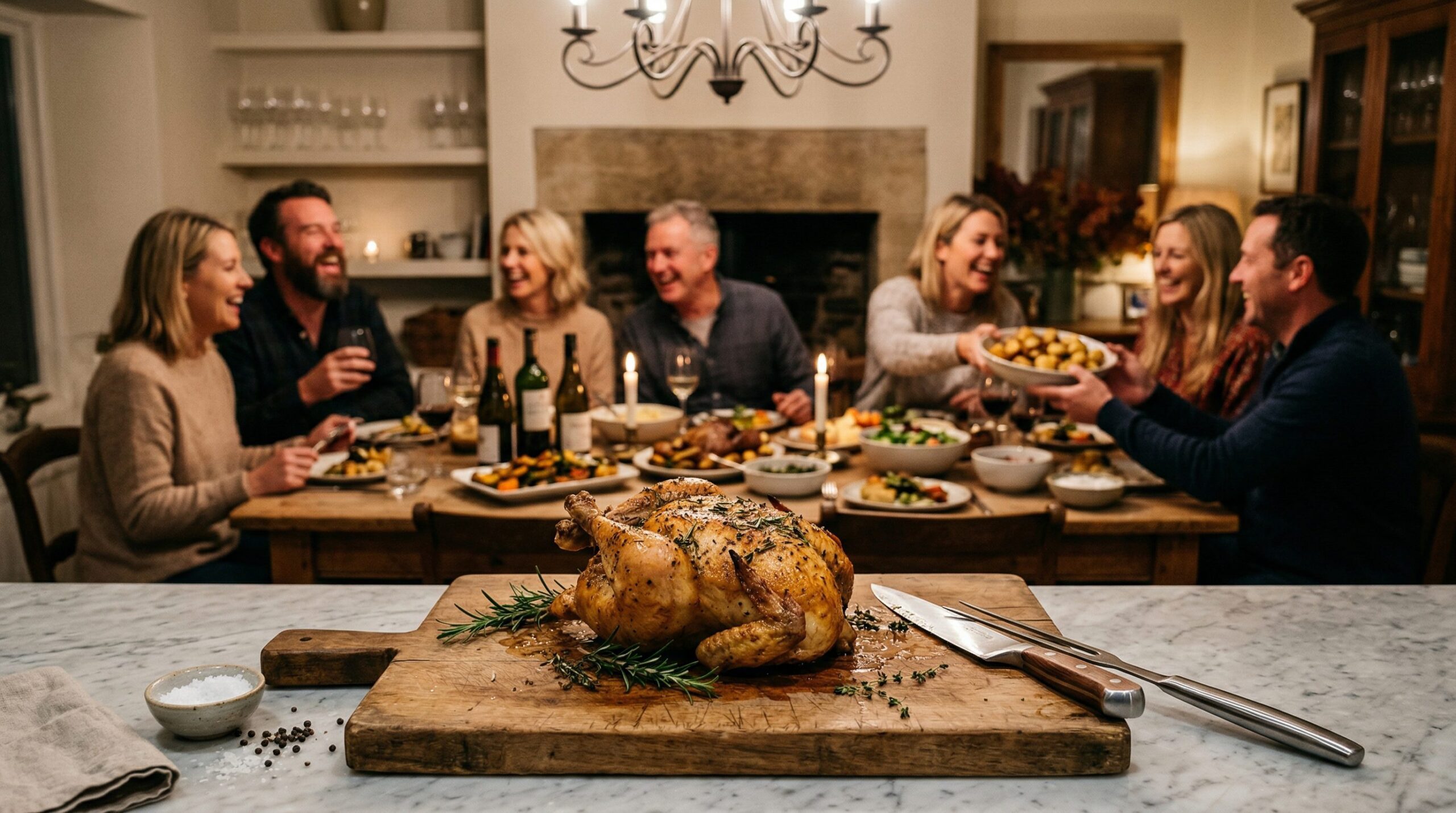 Slow Cooker Rotisserie Chicken plated and served on an estate table
