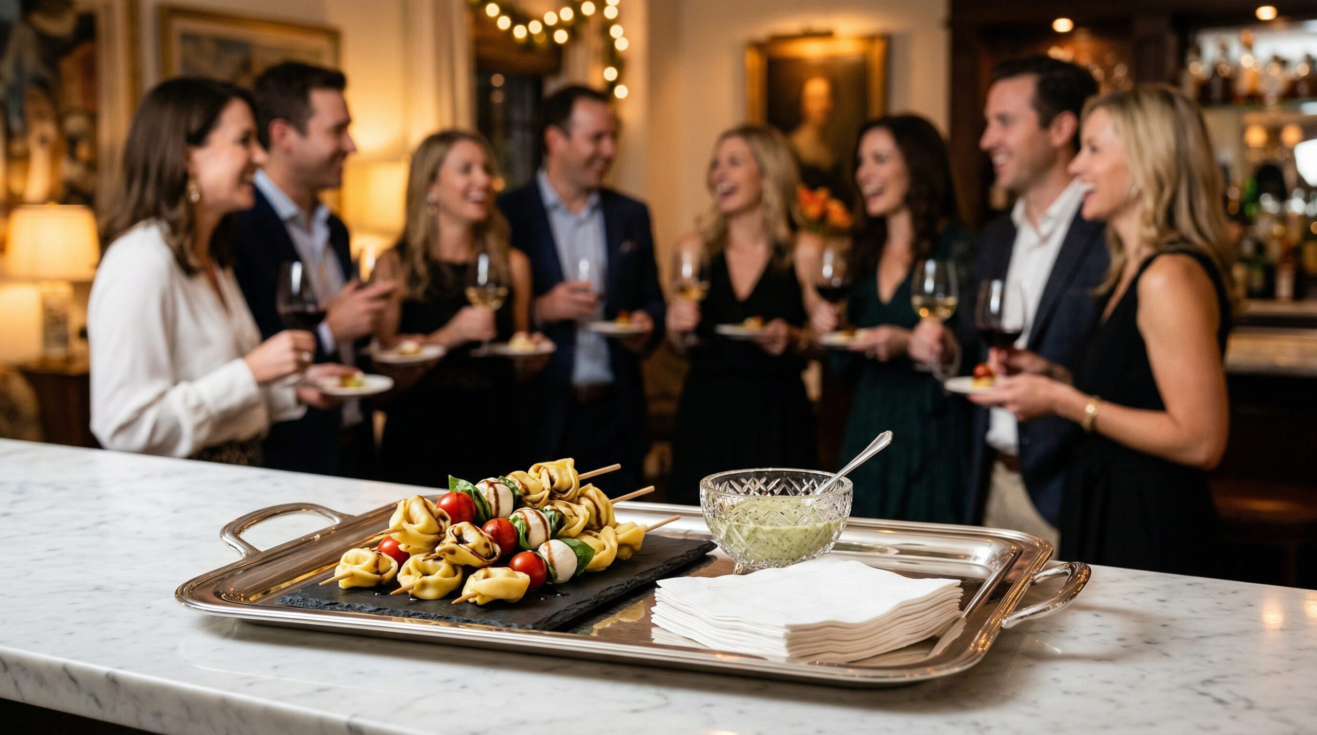 A platter of tortellini and tomato skewers beside Parmesan dip at an elegant estate cocktail party