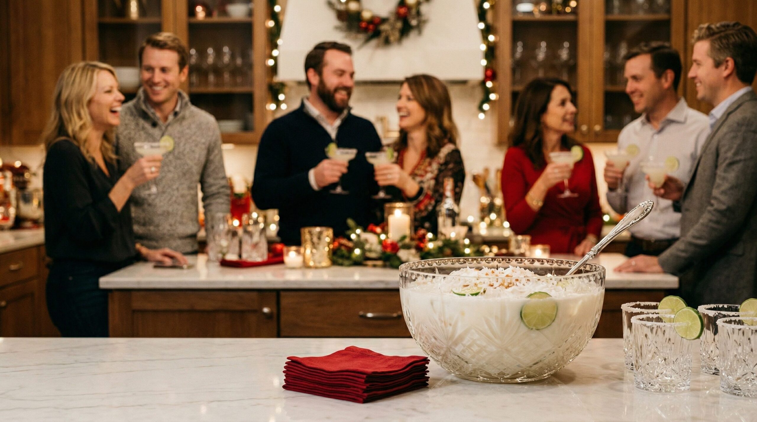 A crystal bowl of frothy white coconut margarita punch with floating rosemary and cranberries on a festive table