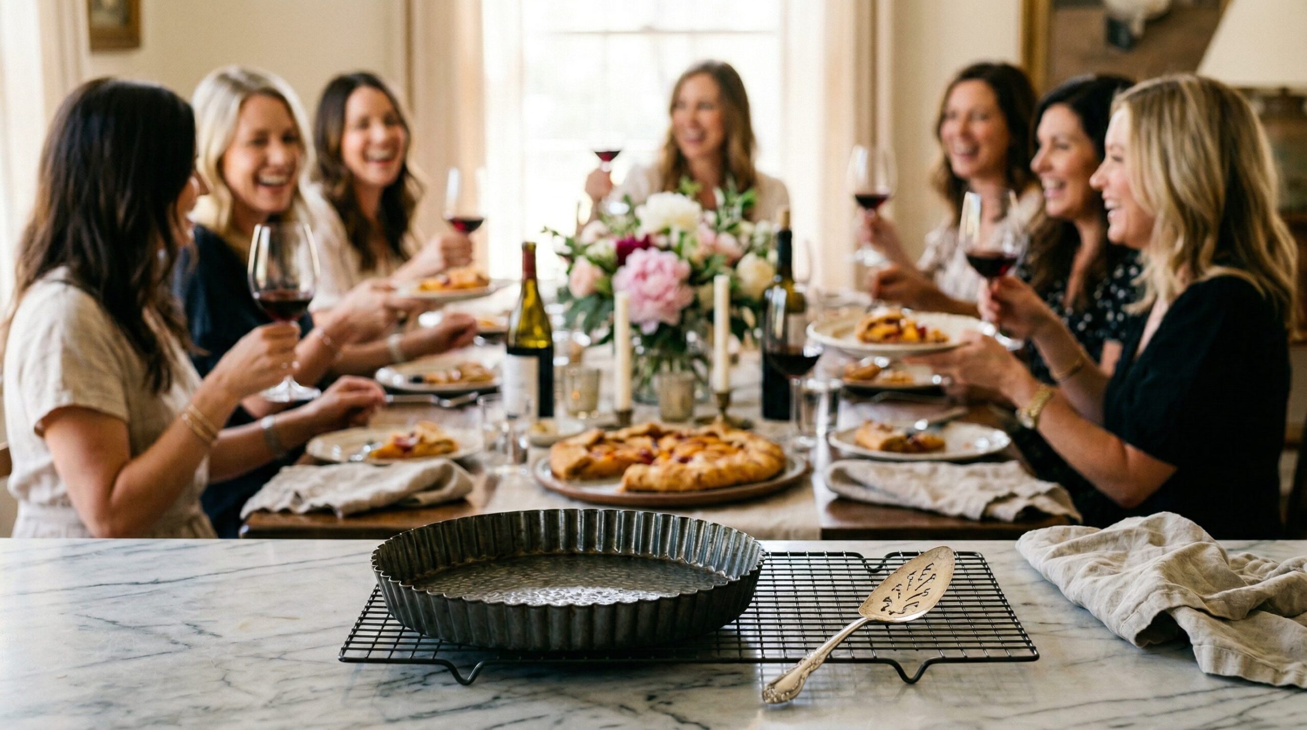 An elegant smoked Gruyere and bacon tart sliced for a luncheon on an estate table