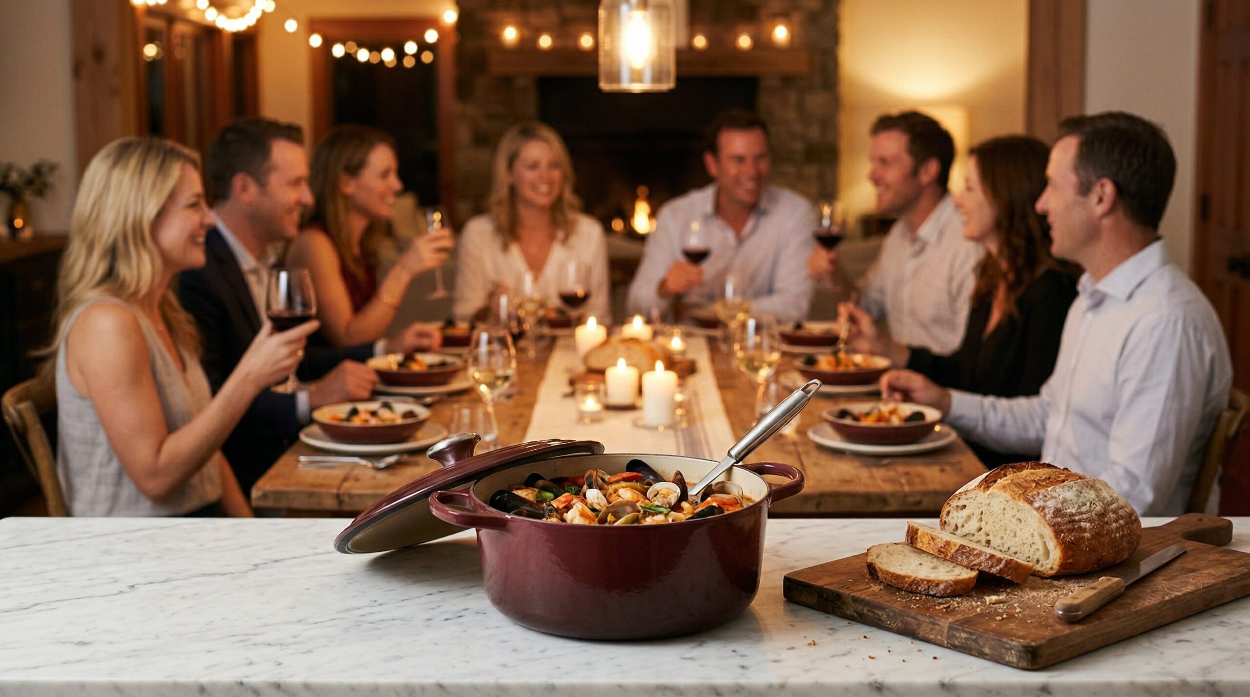 Coastal Seafood Stew plated and served on an estate table