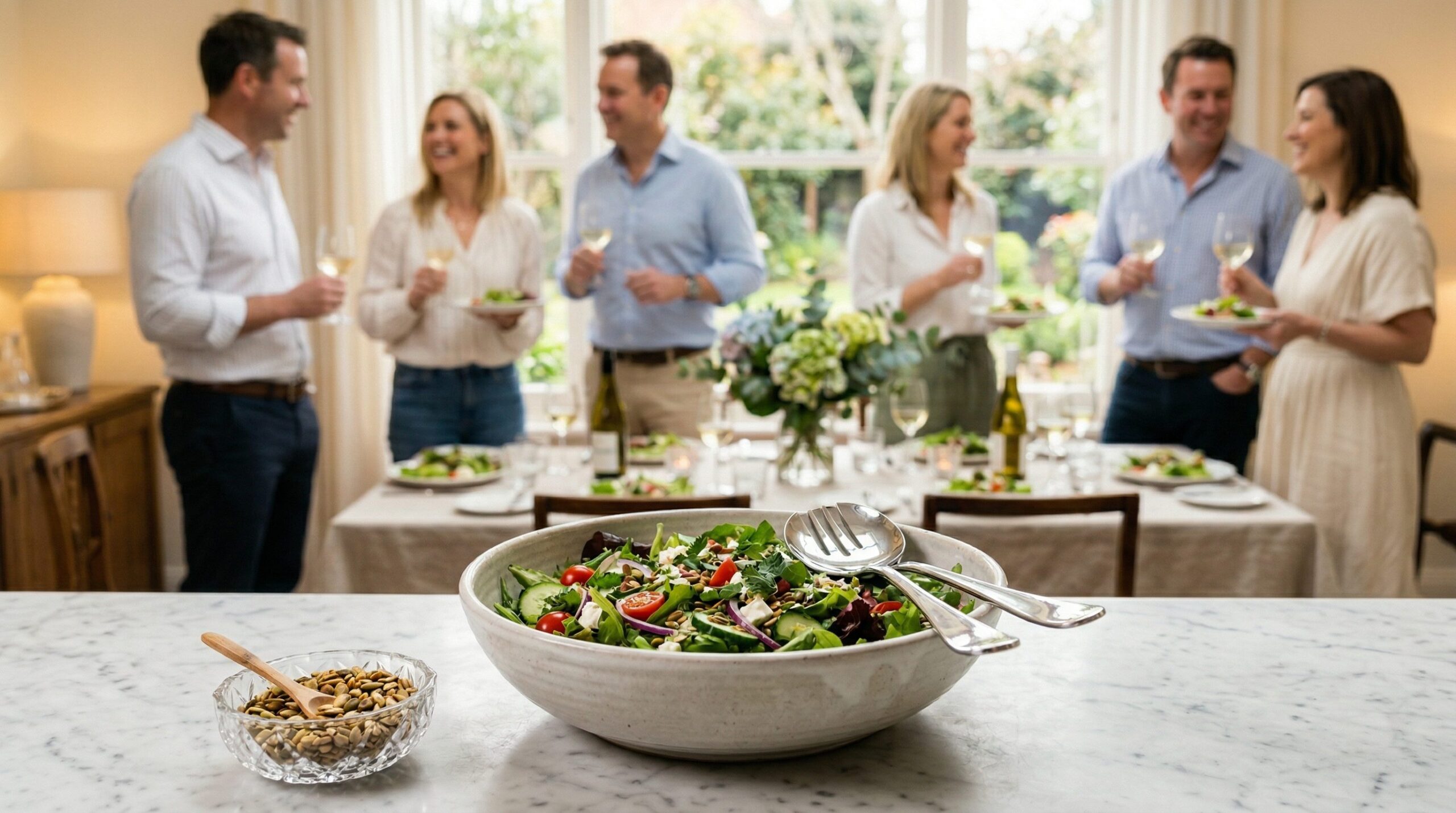 A kale, strawberry, and goat cheese salad on an elegant spring luncheon table