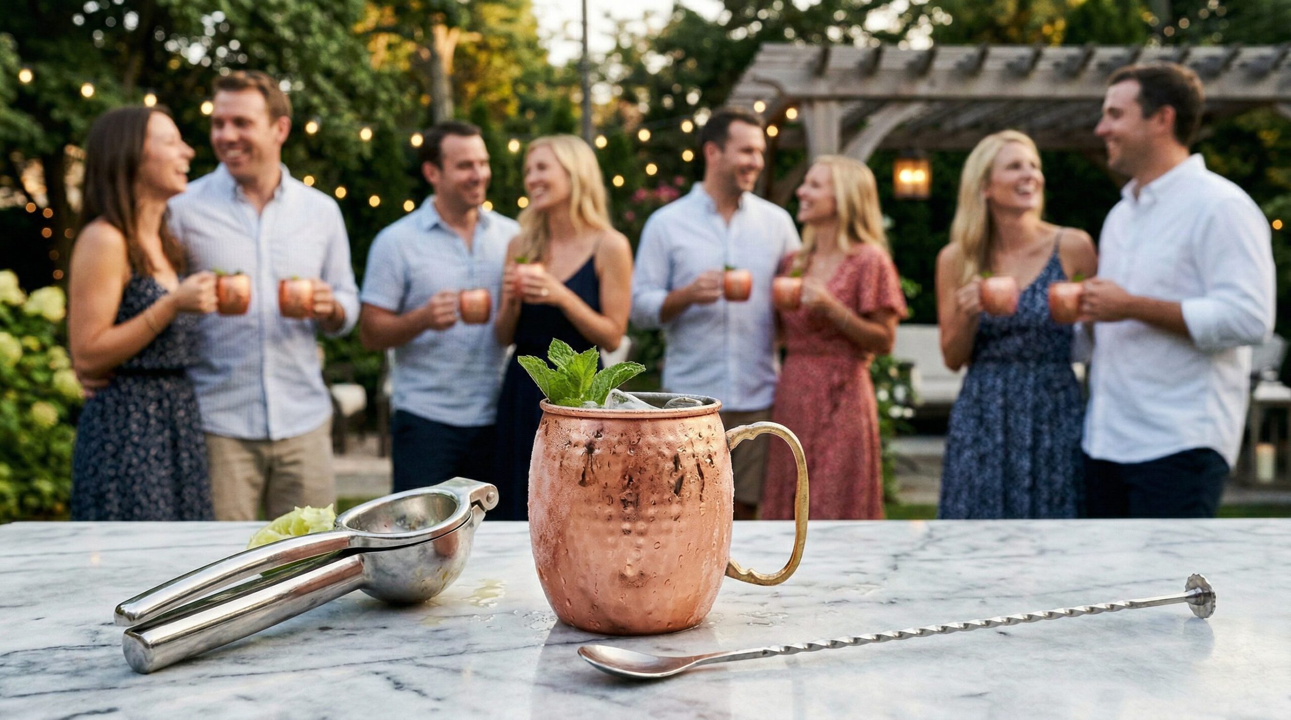 A finished Blood Orange Mule in a frosted copper mug with bruised mint and a blood orange wheel on a sunlit table