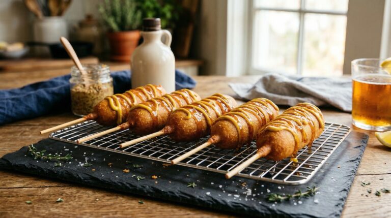 Stunning plated serving of Maple-Glazed Homemade Corn Dogs, a chef-tested recipe by Chef Jorj Morgan.