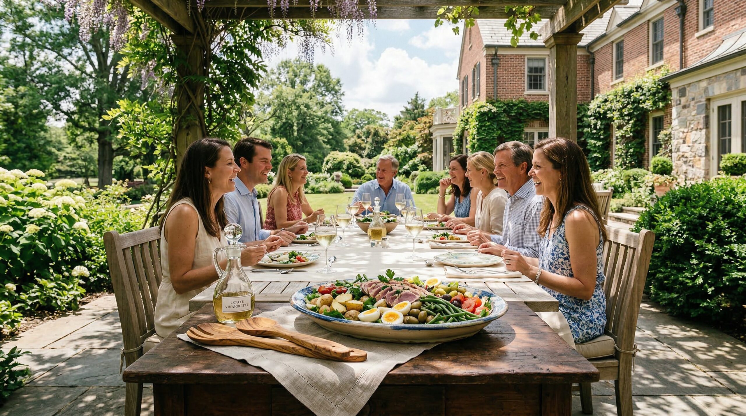 A grand composed Nicoise summer platter on an estate table set for a gathering