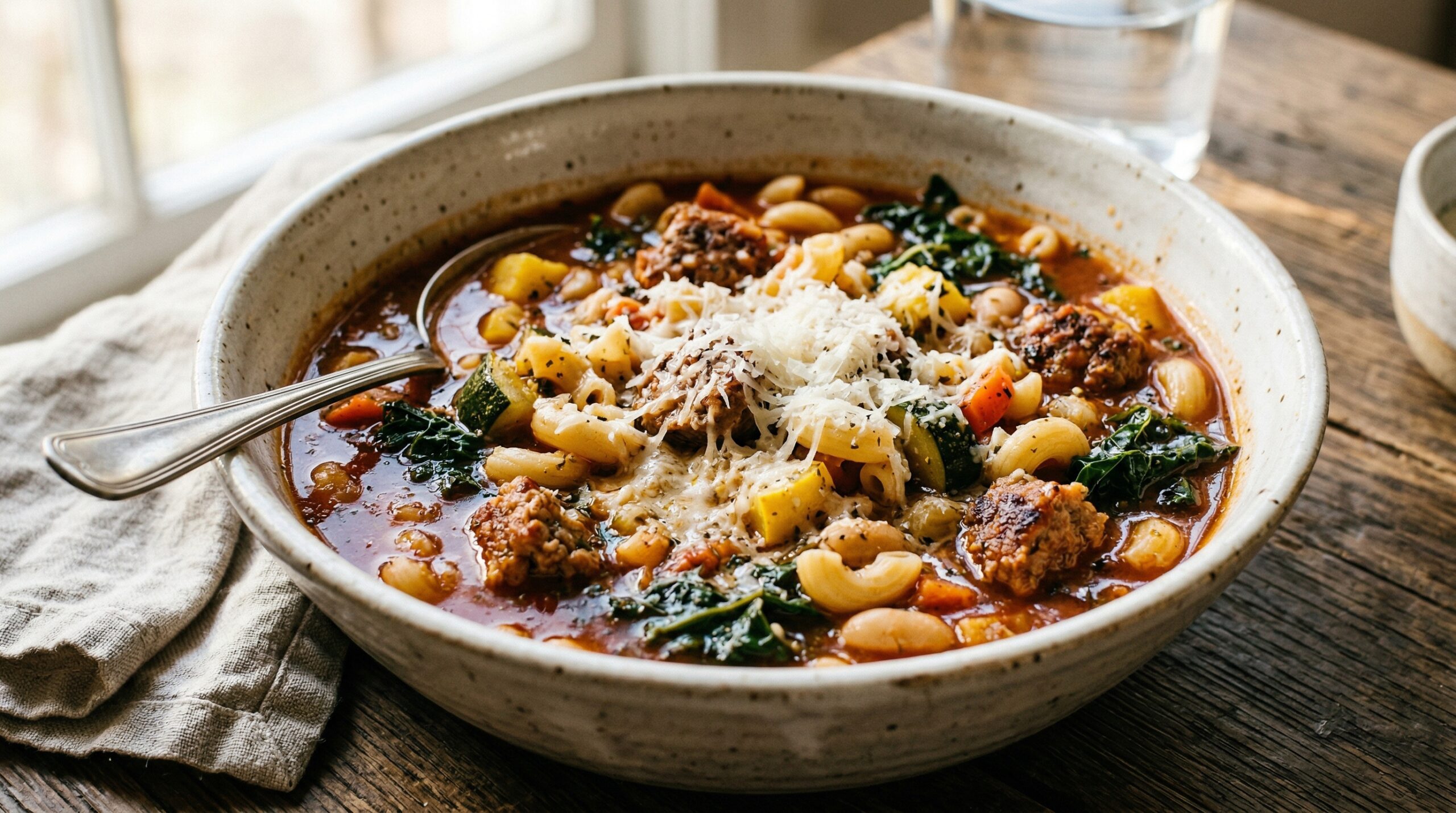 Stunning plated serving of Italian Minestrone Soup with Sausage & Vegetables, a chef-tested recipe by Chef Jorj Morgan.