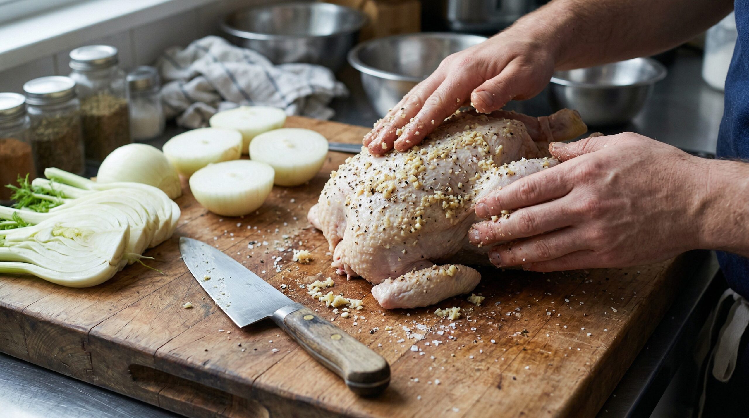 Ingredients for Slow Cooker Rotisserie Chicken arranged for preparation