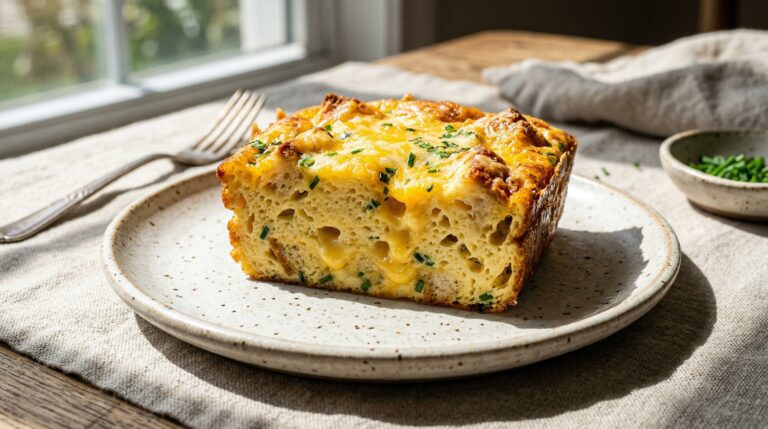 Stunning plated serving of Fluffy Egg & Cheese Casserole, a chef-tested recipe by Chef Jorj Morgan.
