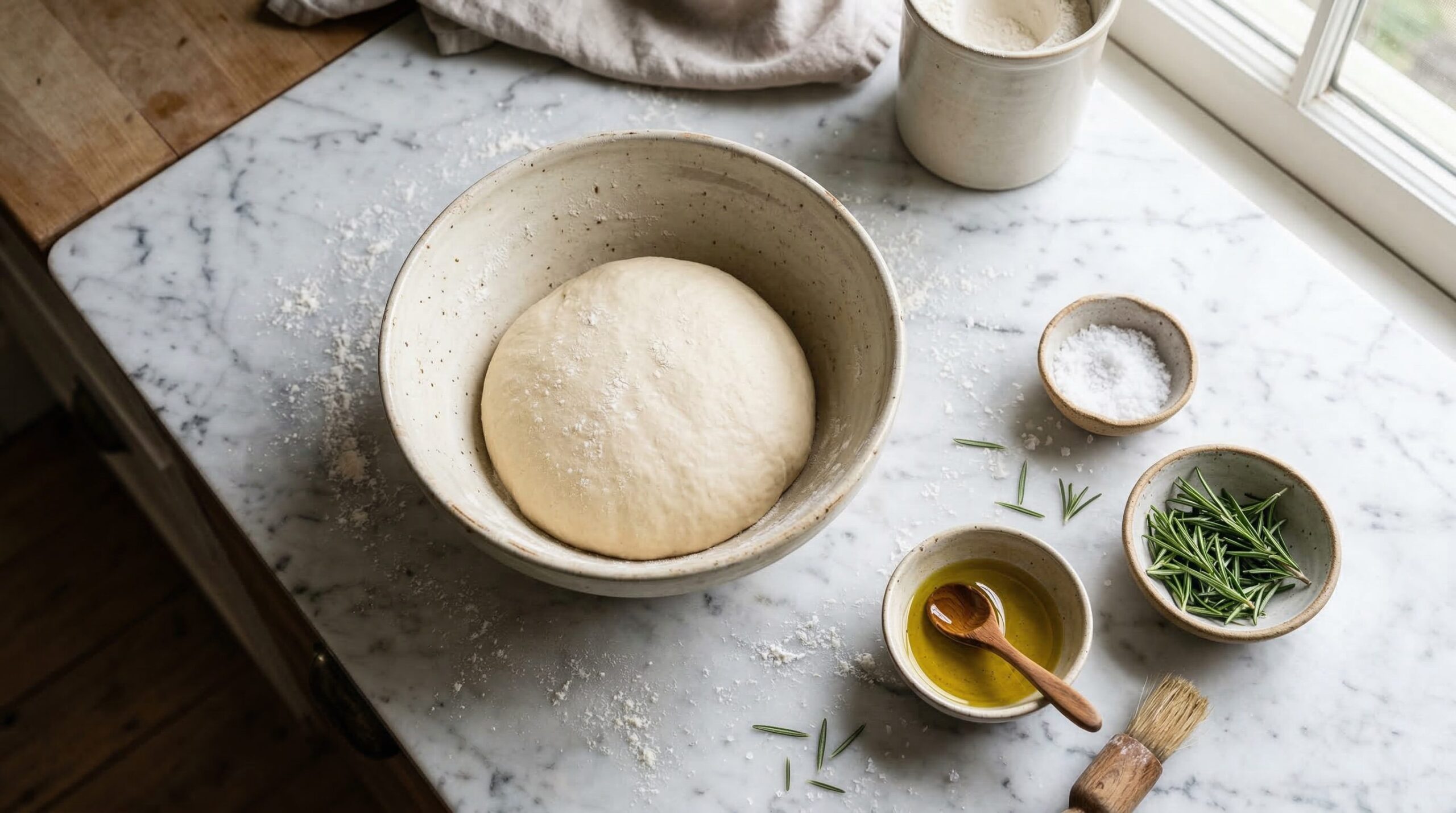 Ingredients for Garden Focaccia arranged for preparation