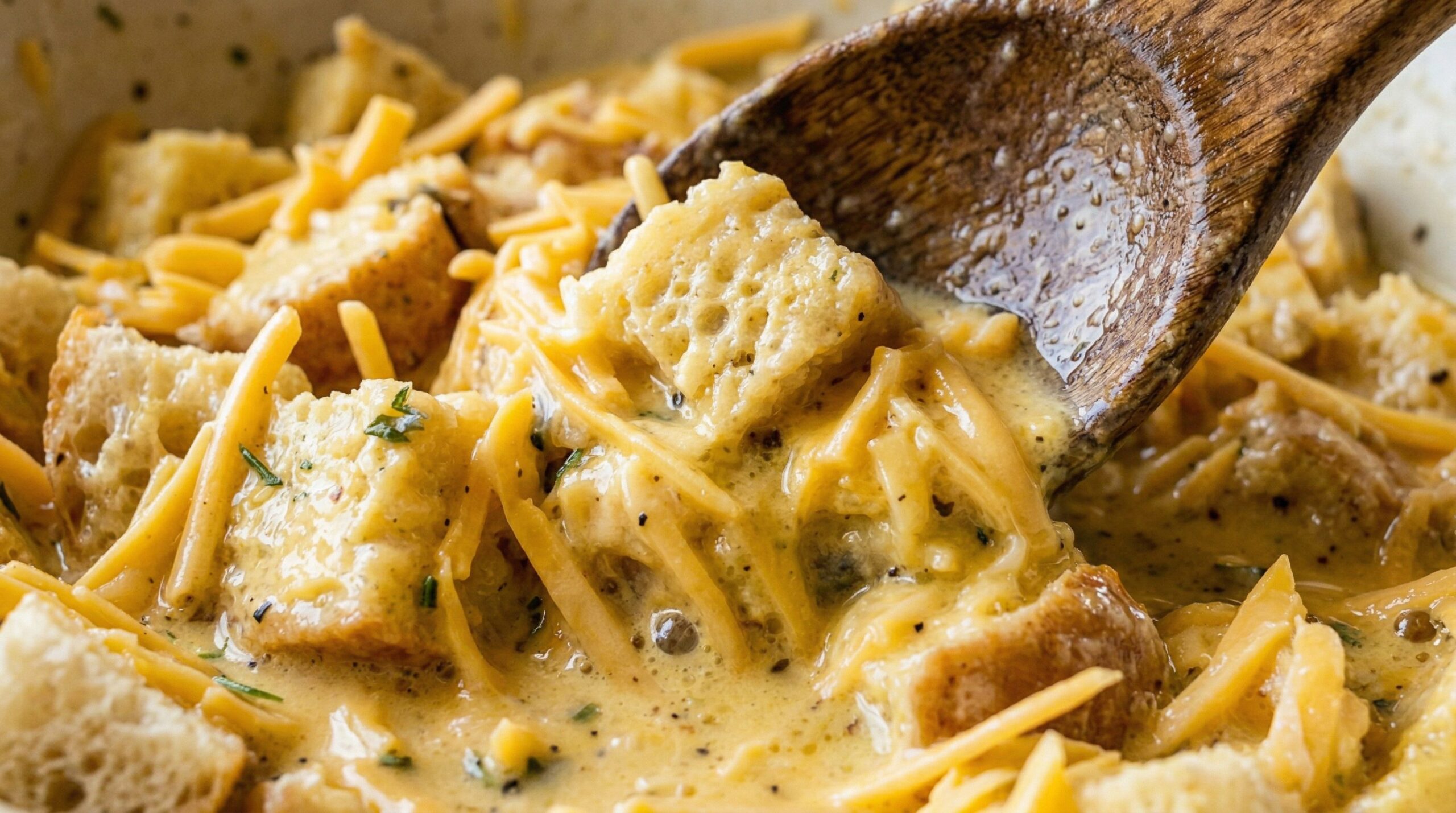 Cubed bread, cheddar, and green onions being folded into a savory egg custard in a large bowl