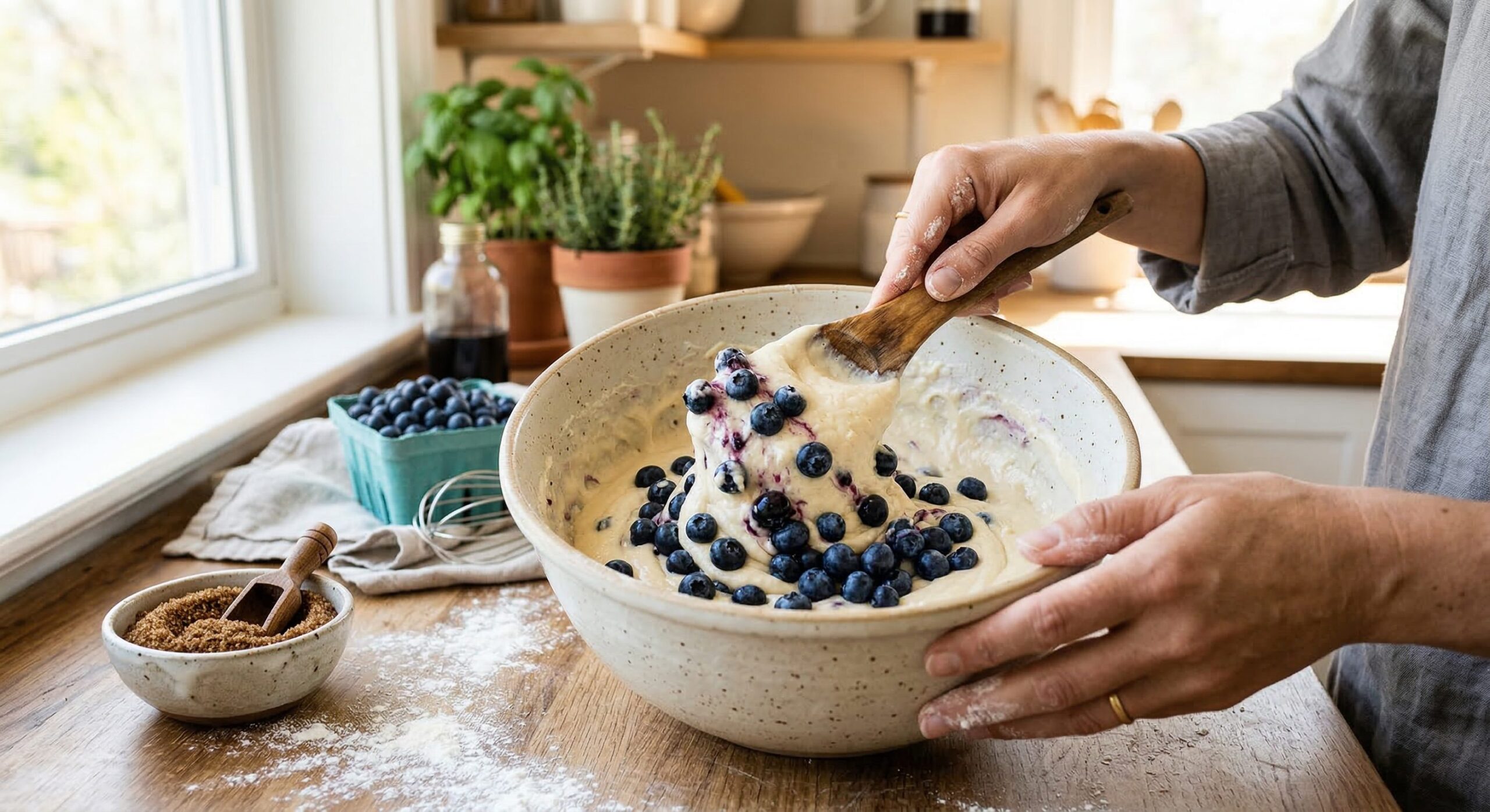 Ingredients for Blueberry Loaf Cake arranged for preparation