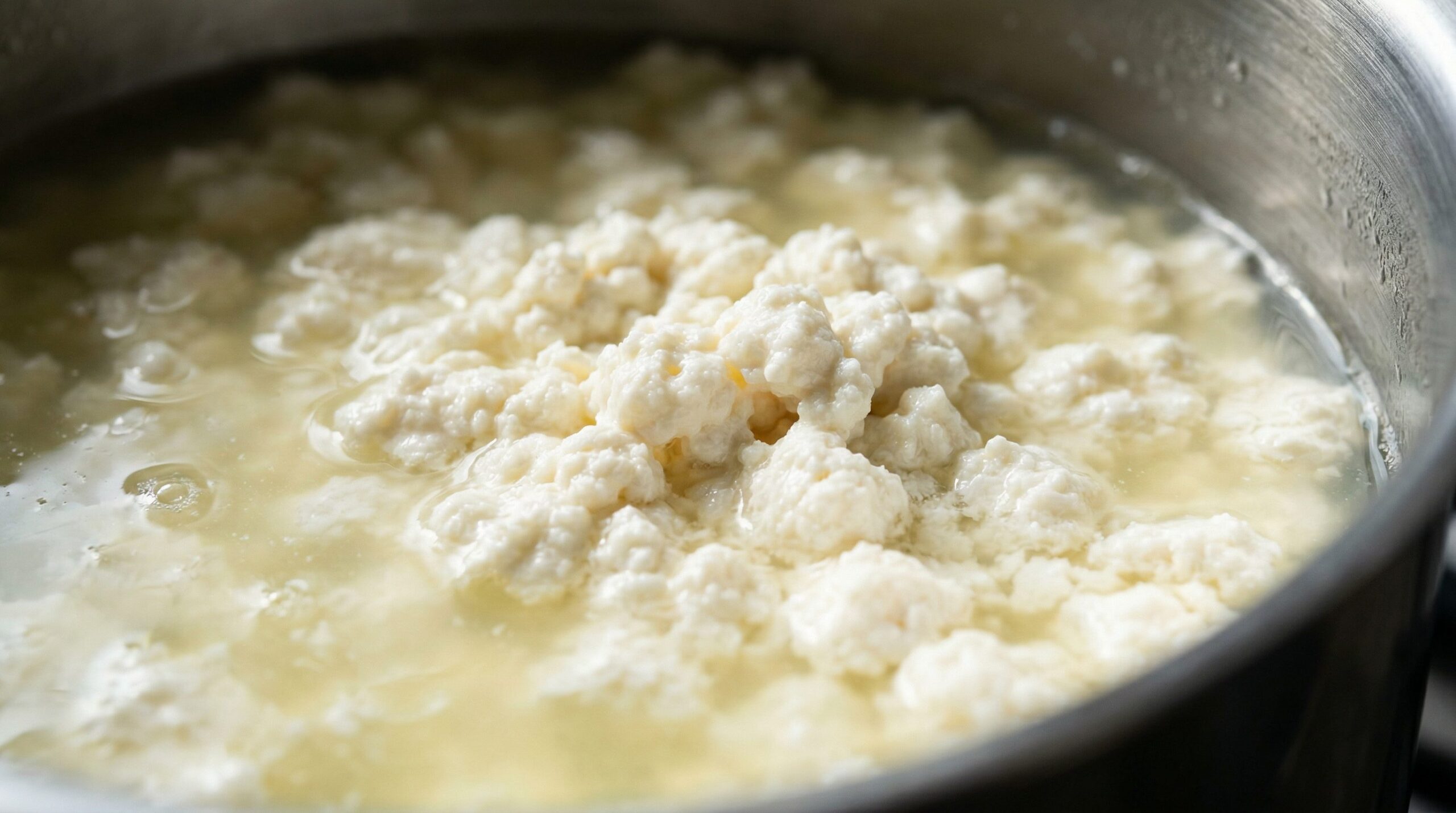 Soft white ricotta curds separated from yellow whey in a pot