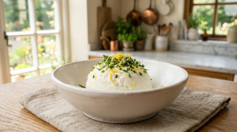 Stunning plated serving of Fresh Homemade Whole-Milk Ricotta, a chef-tested recipe by Chef Jorj Morgan.