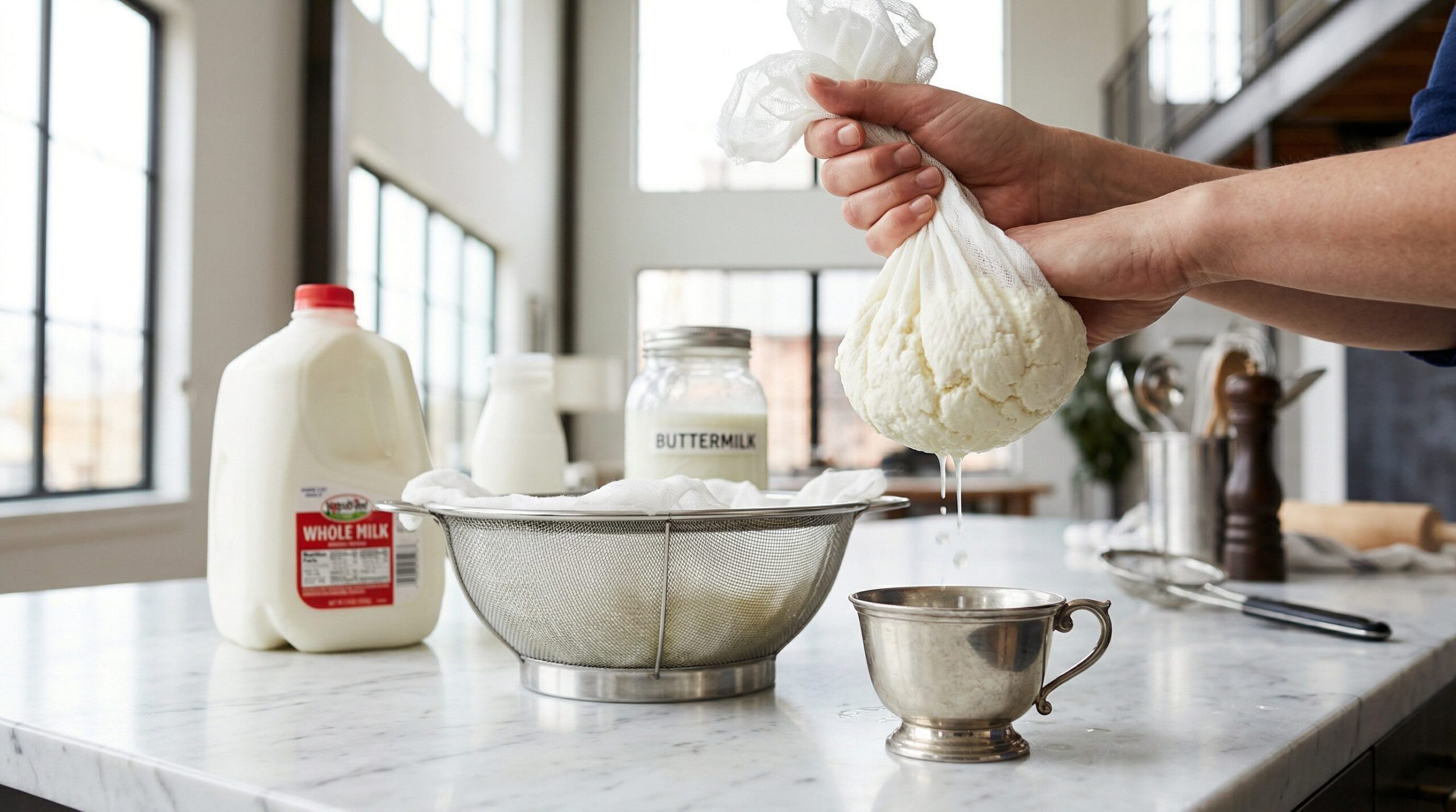 Fresh ricotta curds draining through cheesecloth in a colander over a bowl of whey