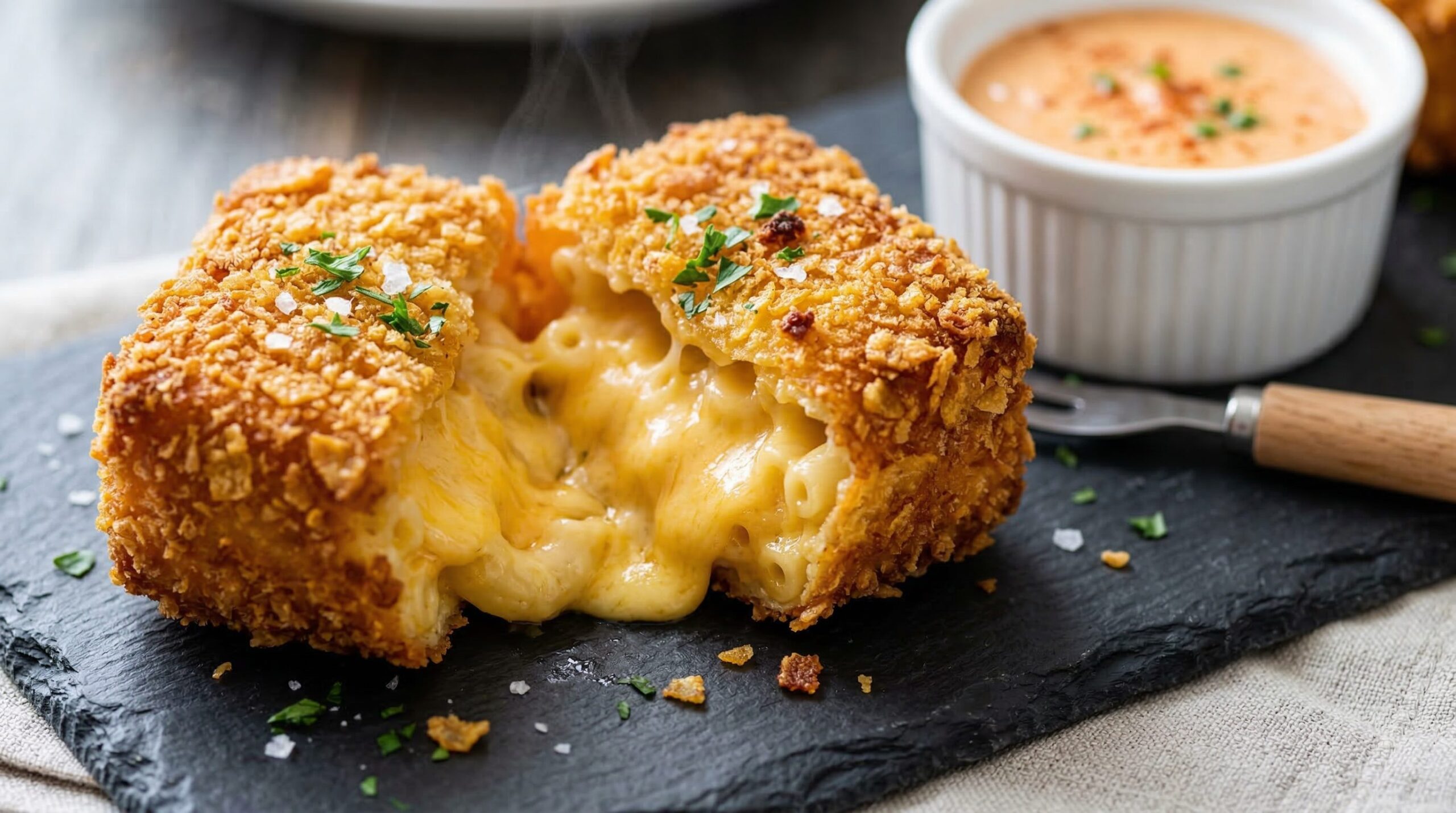 A golden fried macaroni and cheese square broken open to reveal a molten cheesy interior