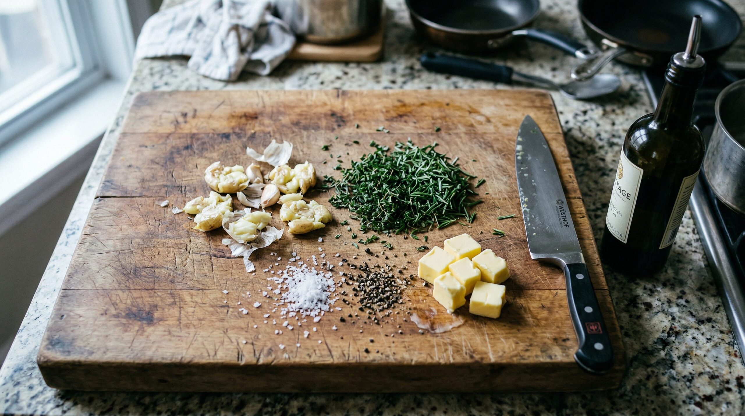 Smashed garlic, chopped herbs, butter, and olive oil scattered on a wooden cutting board