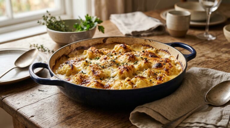 Stunning plated serving of Garlic-Roasted Cauliflower in Cheese Sauce, a chef-tested recipe by Chef Jorj Morgan.
