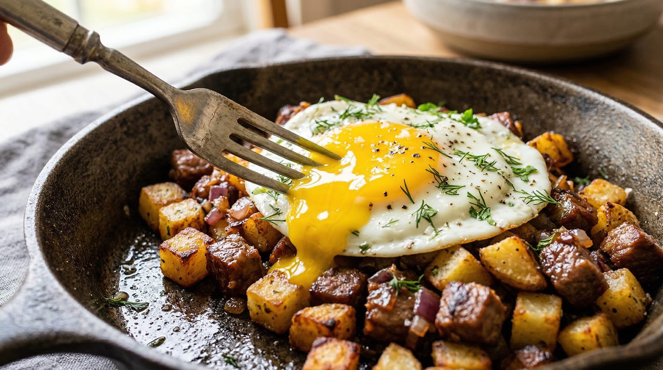 Eggs steaming under a lid in a buttery skillet, tops glazed and glossy, over a breakfast hash