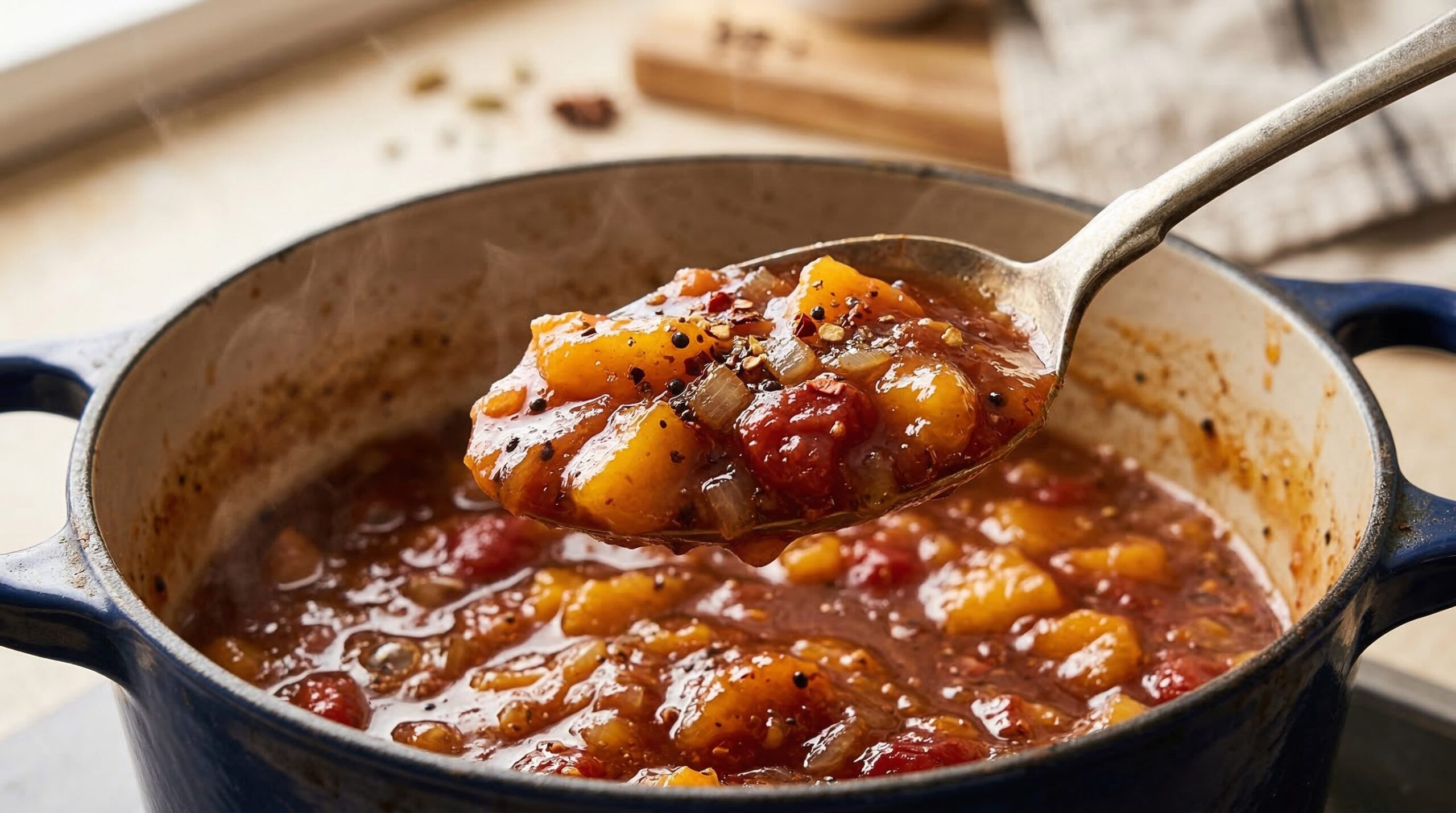 Peach and tomato chutney simmering to a glossy, jam-like consistency