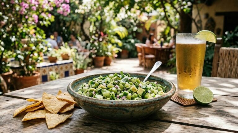 Stunning plated serving of Green Goddess Tomatillo Pico de Gallo, a chef-tested recipe by Chef Jorj Morgan.