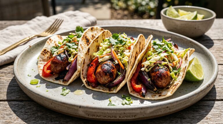 Stunning plated serving of Grilled Bratwurst Tacos, a chef-tested recipe by Chef Jorj Morgan.