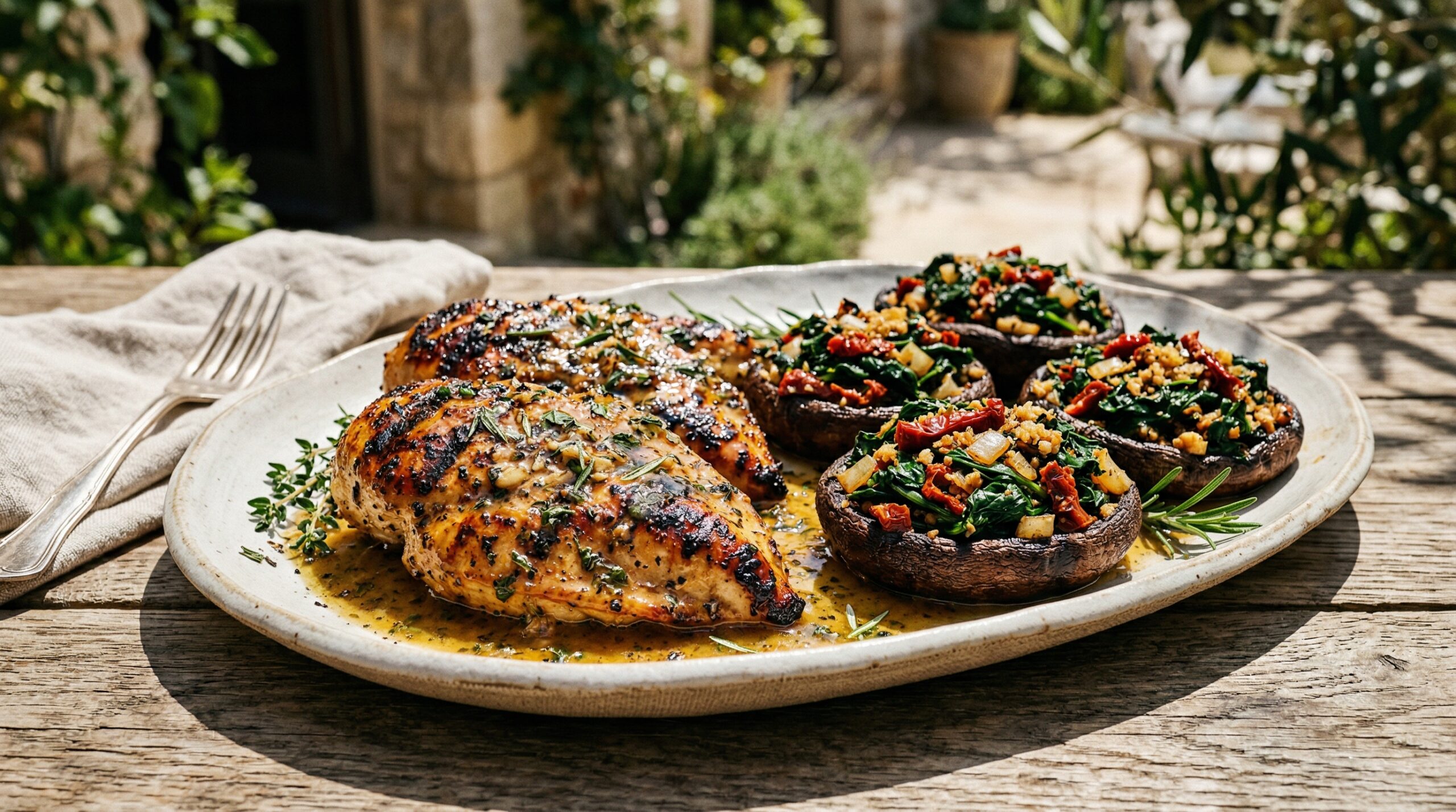 Stunning plated serving of Grilled Chicken & Stuffed Portobellos, a chef-tested recipe by Chef Jorj Morgan.