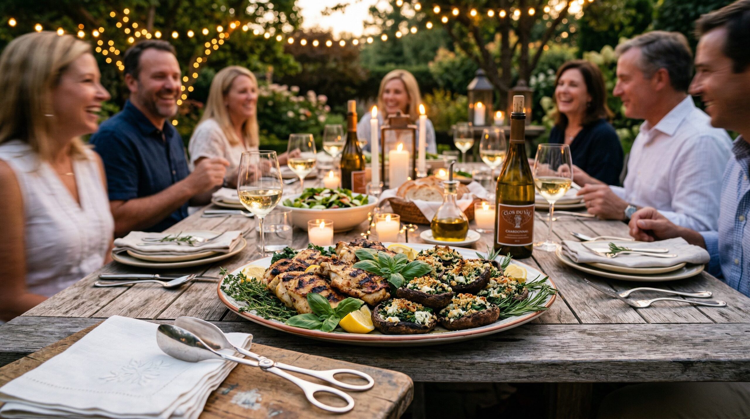 Grilled Chicken & Stuffed Portobellos plated and served on an estate table