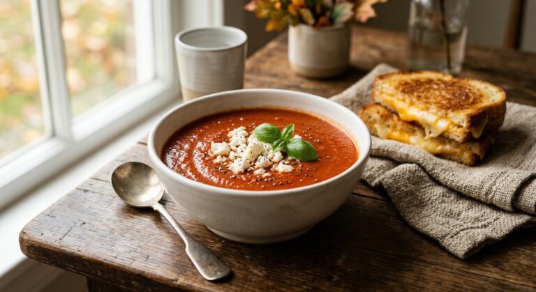 Stunning plated serving of Harvest Tomato Soup with Cheddar and Feta, a chef-tested recipe by Chef Jorj Morgan.