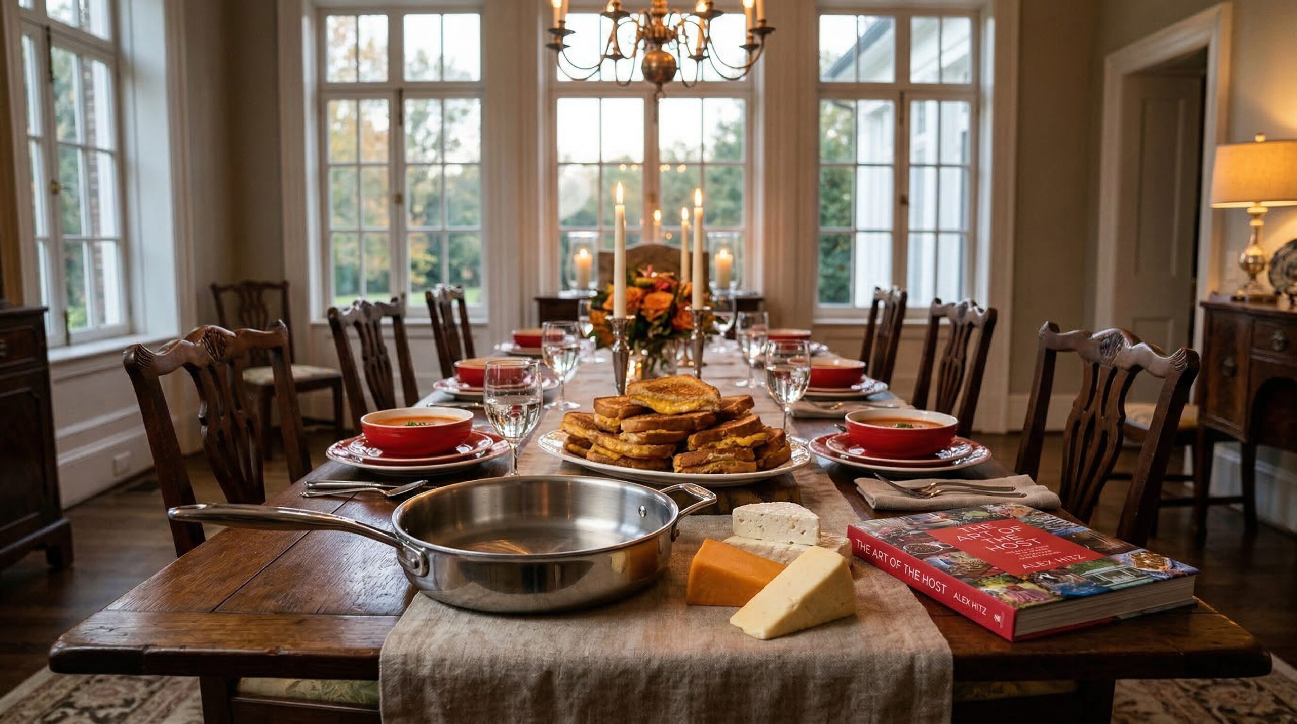 A bowl of cheesy harvest tomato soup with basil and a grilled cheese on an estate table