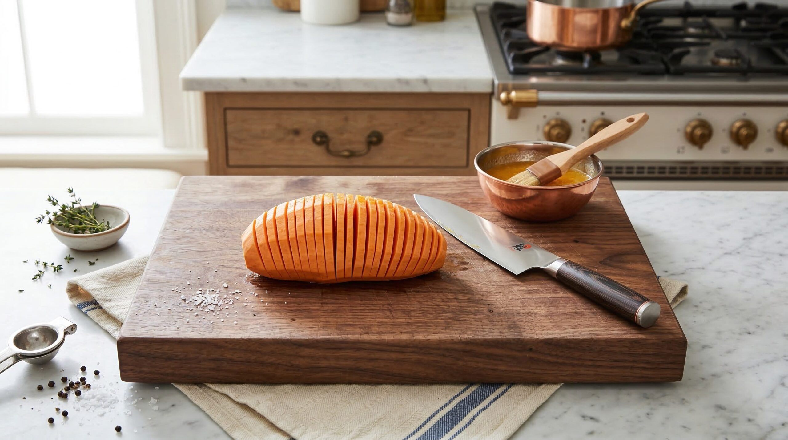 Ingredients for Honey & Goat Cheese Hasselback Sweet Potatoes arranged for preparation
