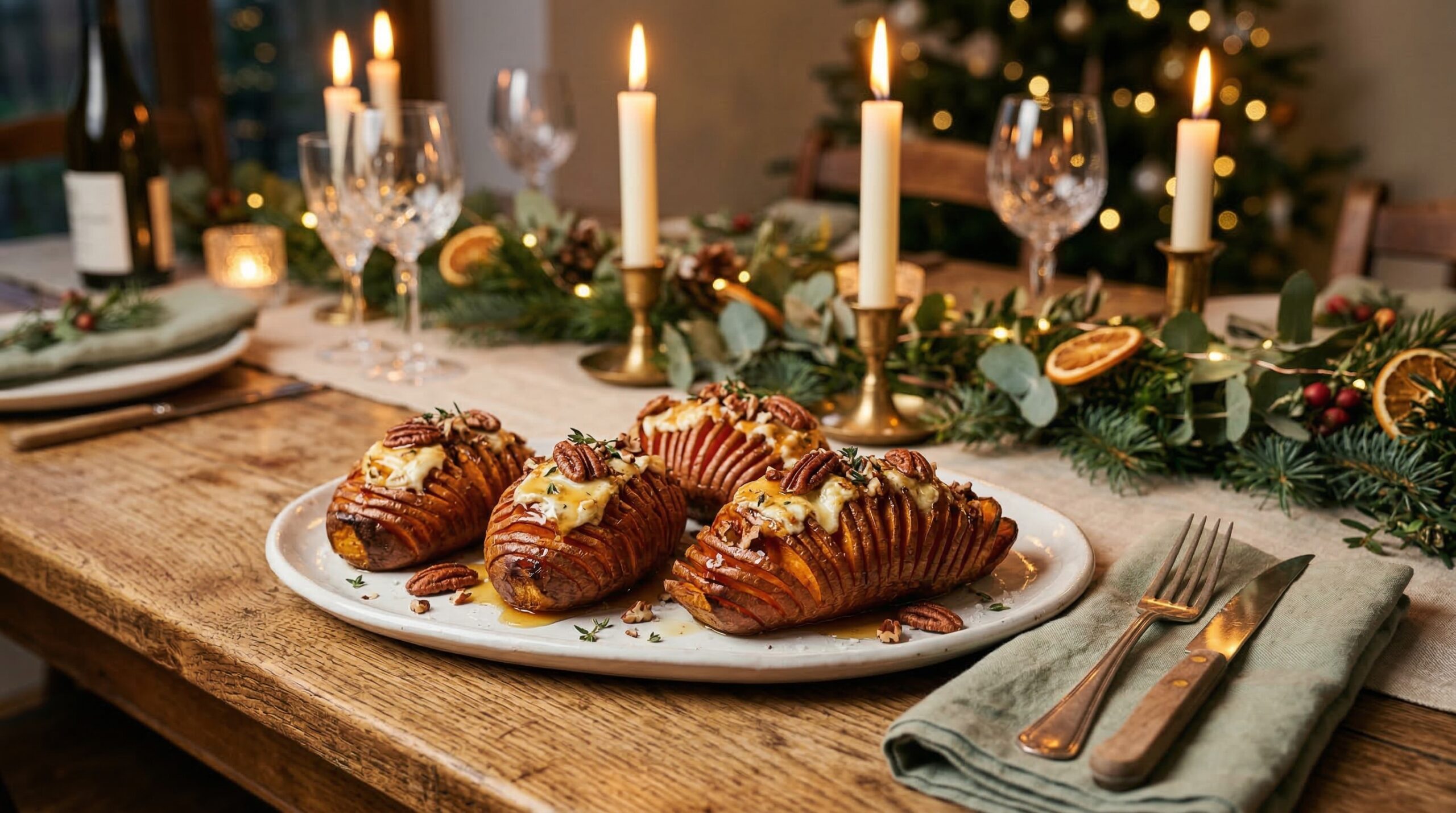 Stunning plated serving of Honey & Goat Cheese Hasselback Sweet Potatoes, a chef-tested recipe by Chef Jorj Morgan.