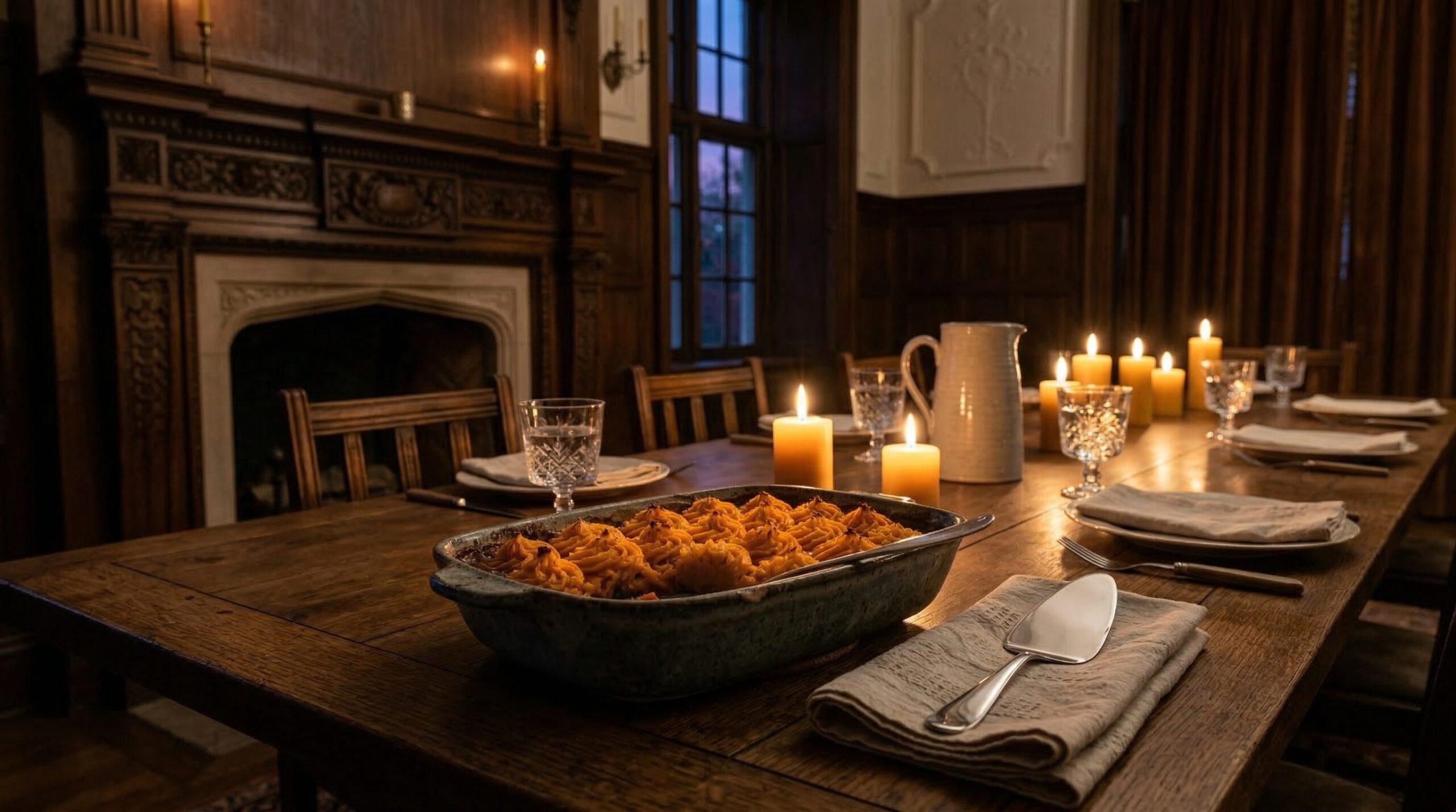 Shepherd's Pie with Sweet Potato plated and served on an estate table