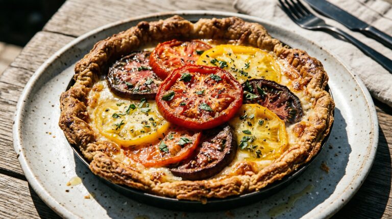 Stunning plated serving of Heirloom Tomato & Gruyere Tart, a chef-tested recipe by Chef Jorj Morgan.