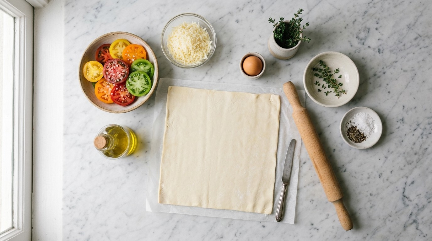 Sliced heirloom tomatoes in assorted colors marinating in a bright green herb oil beside grated Gruyere
