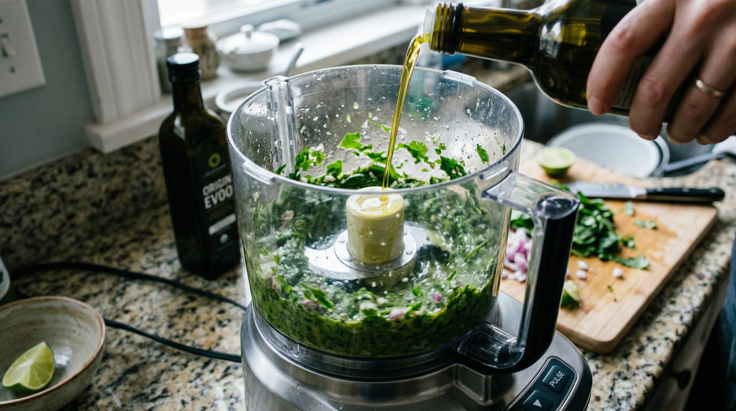 A blended herb vinaigrette with cilantro, lime, and spinach beside tortellini, salami, cheddar, and tomatoes