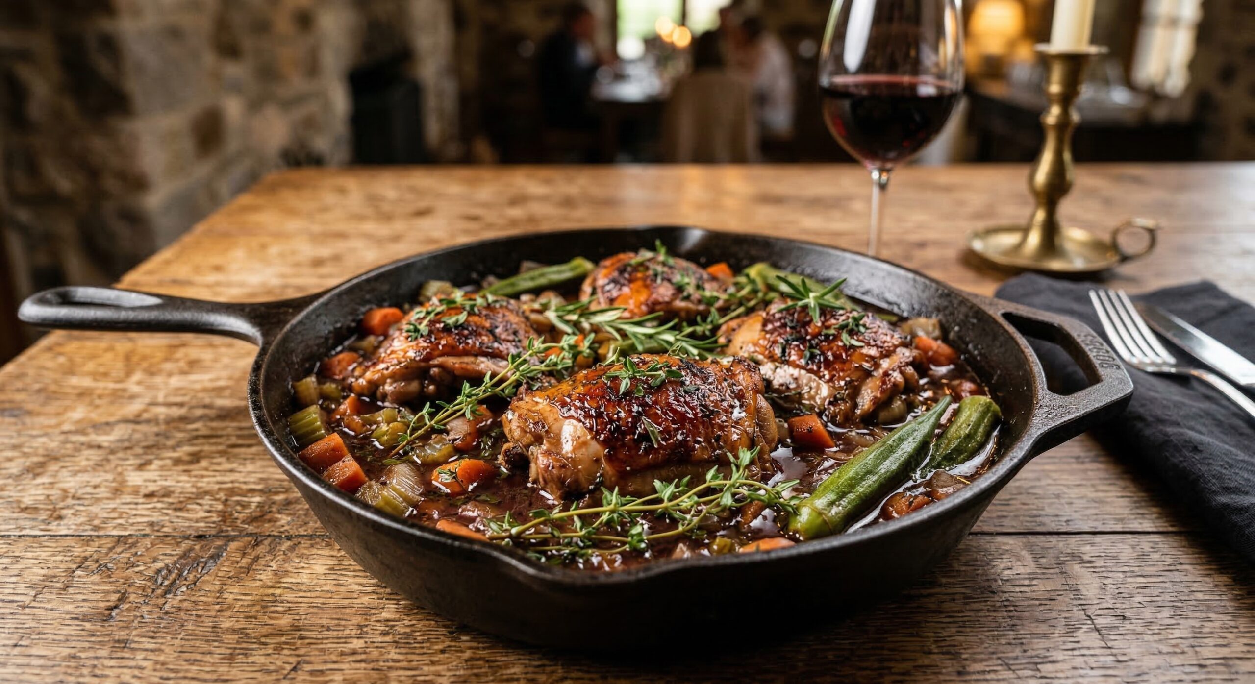 Stunning plated serving of Braised Chicken Thighs, a chef-tested recipe by Chef Jorj Morgan.