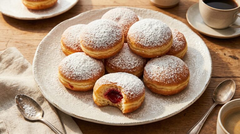 Stunning plated serving of Raspberry Jelly Donuts, a chef-tested recipe by Chef Jorj Morgan.