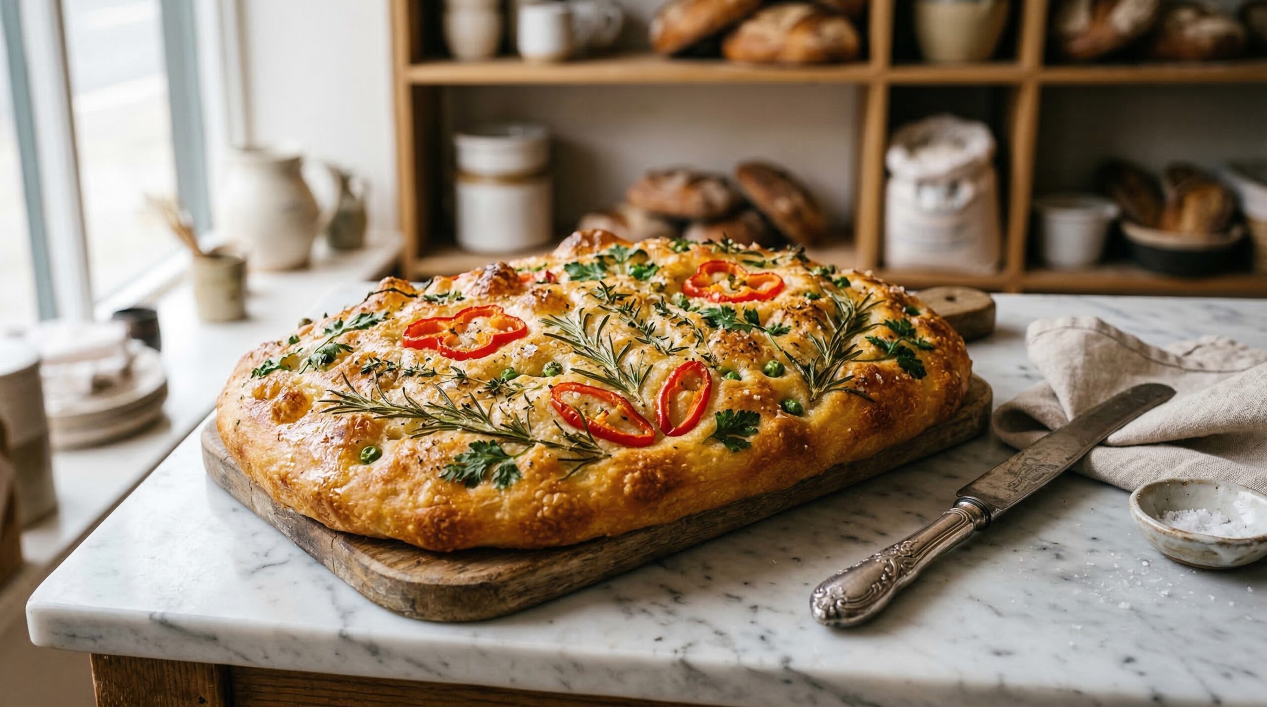 Stunning plated serving of Garden Focaccia, a chef-tested recipe by Chef Jorj Morgan.