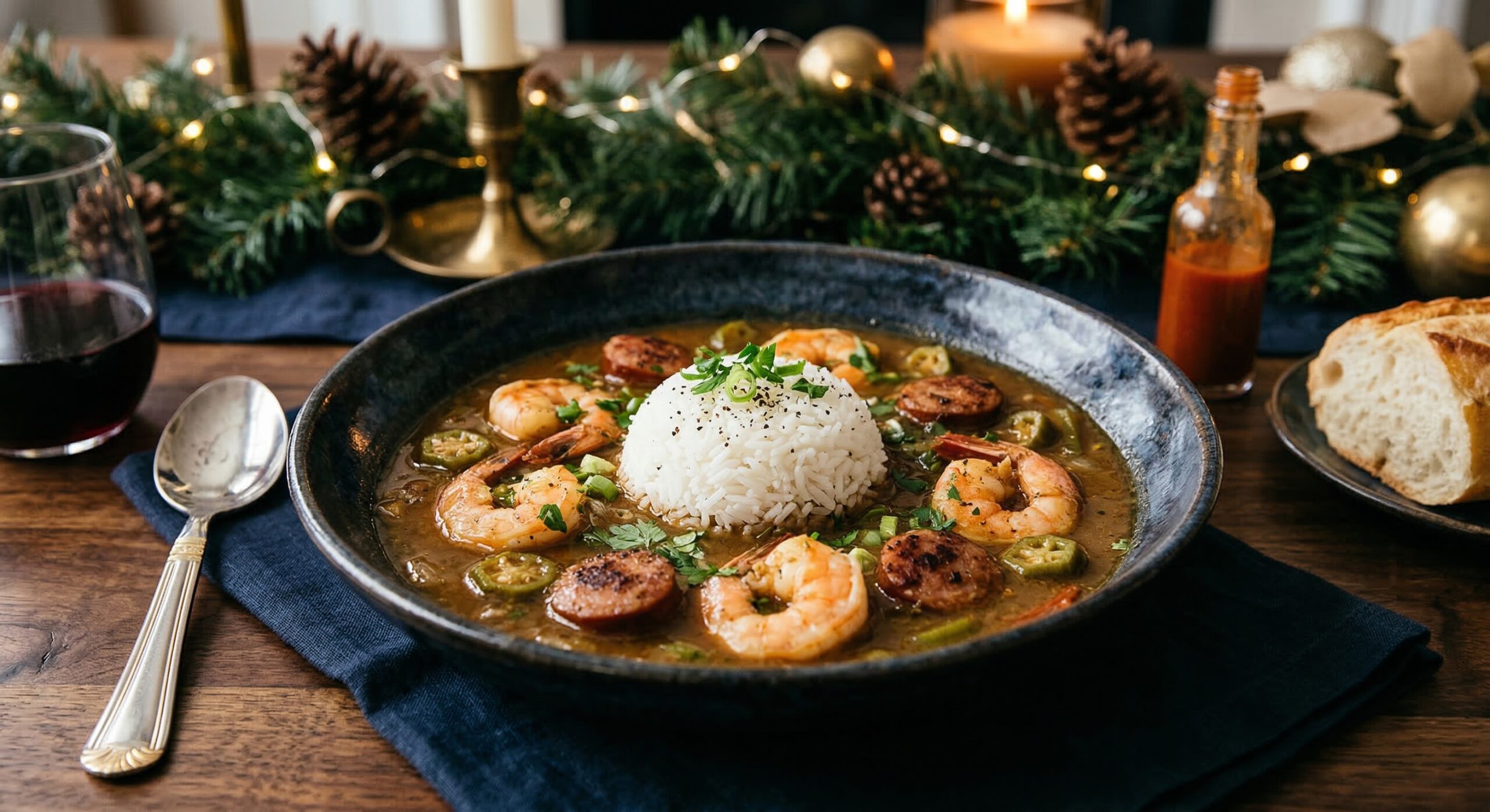 Stunning plated serving of Make-Ahead Shrimp & Andouille Sausage Gumbo, a chef-tested recipe by Chef Jorj Morgan.